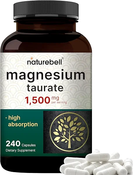 NatureBell Magnesium Taurate 1,500mg, 240 Capsules | Chelated for High Absorption | Heart & Nervous System Support | Non-GMO, Gluten-Free