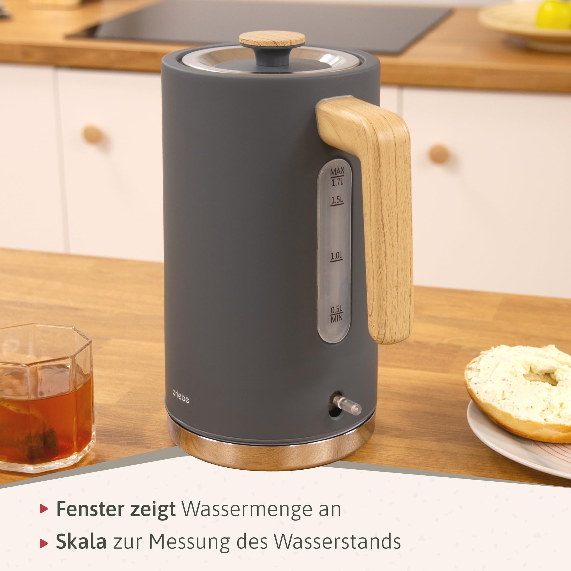 briebe Nordic Set Toaster 2 Scheiben Breite Schlitze Brötchenaufsatz 6 Toast Stufen Wasserkocher 1,7L 2200W BPA-frei Frühstücksset Grau