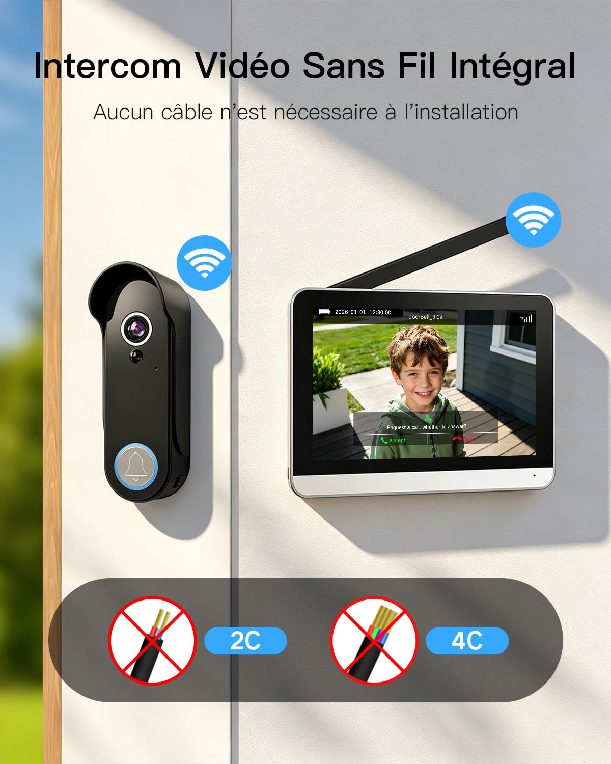 XPJ Interphone Vidéo Sonnette Sans Fil avec Camera et 7" Ecran Moniteur Visiophone Portier Connectée WiFi 1080P, Détection de Mouvement, Vision Nocturne, Audio Bidirectionnel, Stockage Local, Tuya APP