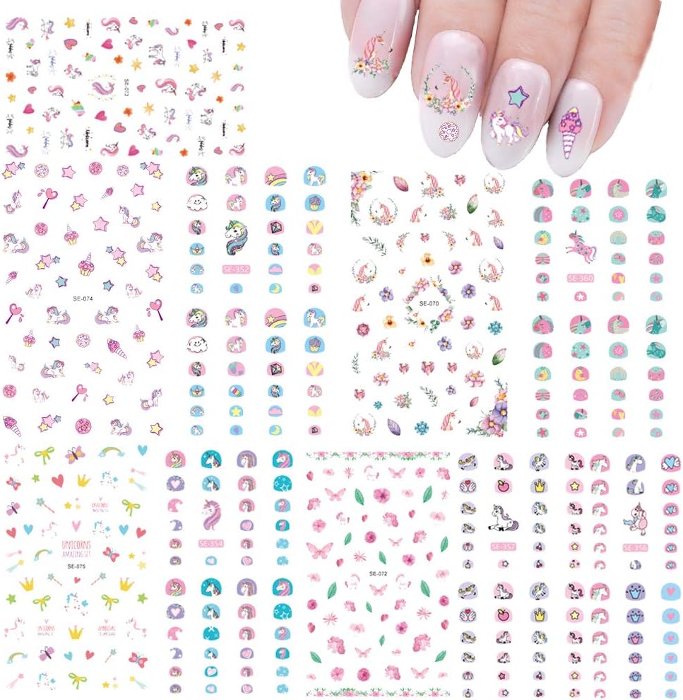 Nail Art Stickers for Kids Nail Decals Accessories Unicorn Water Transfers Butterfly Star Heart Nail Polish Wraps for Little Girls Fingernail Decor 500+ Patterns DIY Cute Fashion Multiple Large Sheets