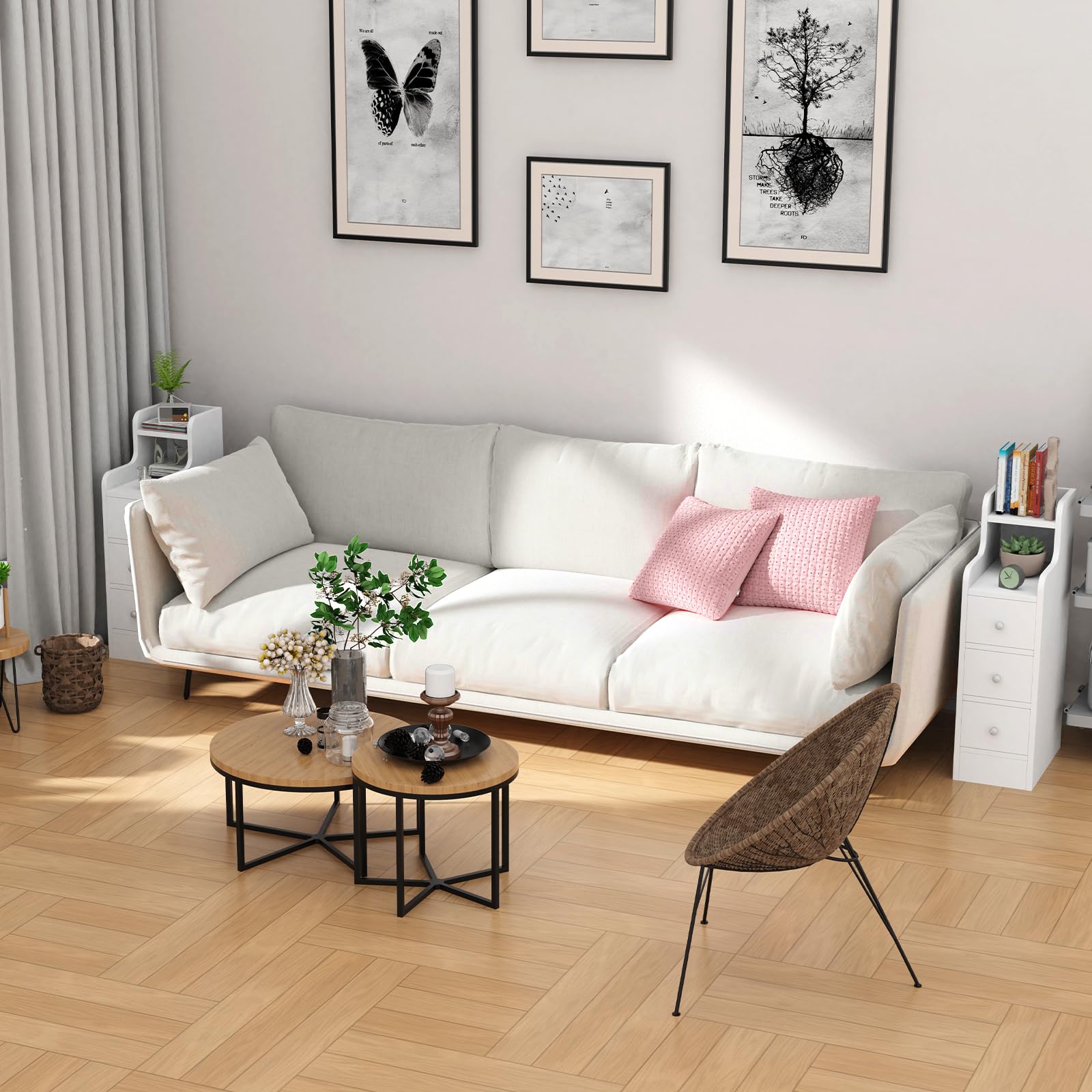 Nachttisch 70 cm hoch, NachtNachttisch Schmal 23 cm, Offenen Ablagen und 3 Schiebeschublade, Sofatisch Beistelltisch, Nachtkästchen Platzsparend, weiß 35x23x70cm