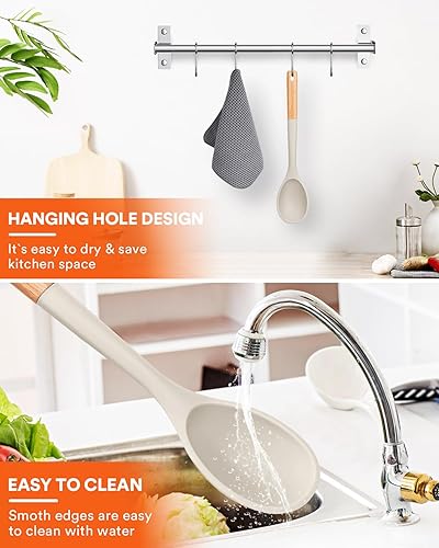 Miniatura 6 de Cucharas de cocina grandes de silicona, cuchara antiadherente con mango de madera maciza, cucharas de cocina de silicona resistentes al calor para