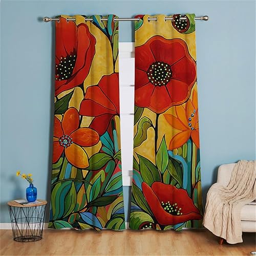 Koudi Cortinas opacas florales de flores rojas, cortinas vintage con ojales, aislamiento térmico para sala de estar, comedor y dormitorio, 2