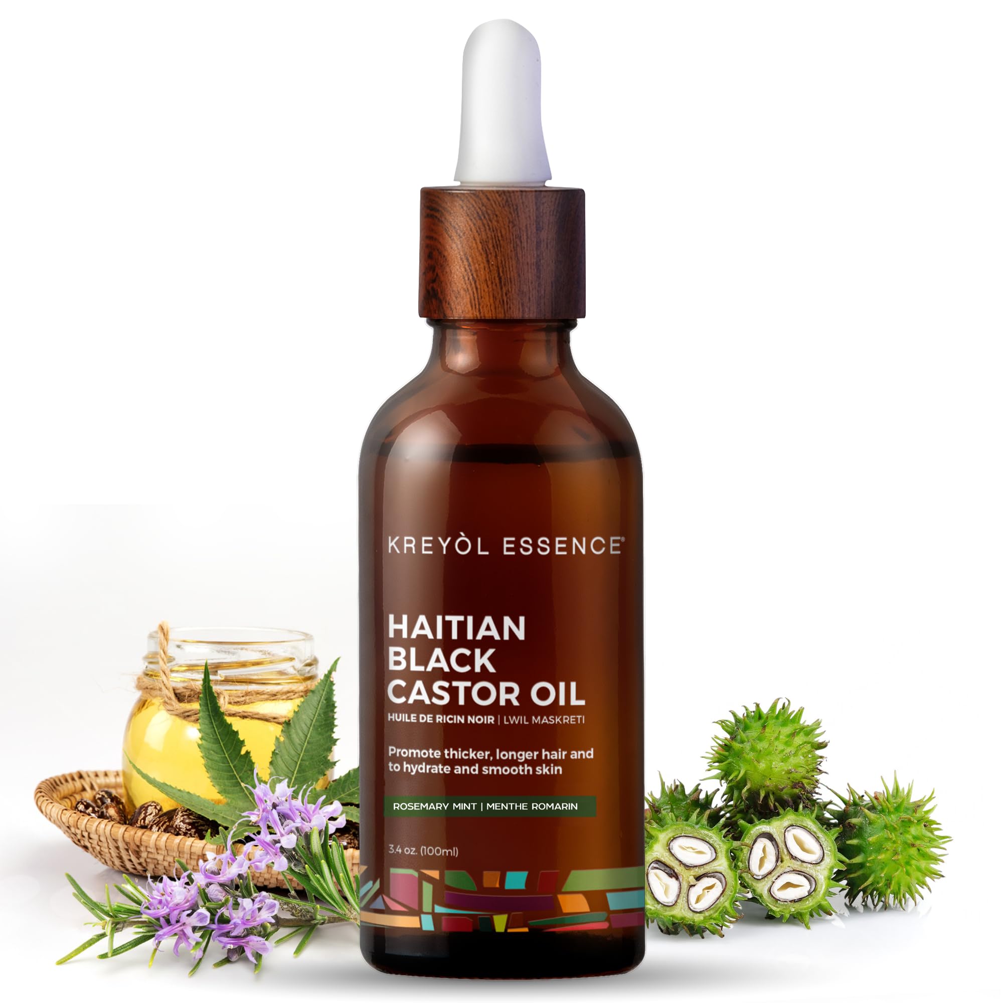 Kreyol Essence - Haitian Black Castor Oil for Skin and Hair, Glass Bottle | Cold Pressed | Hexane Free | Fuller-Looking Hair