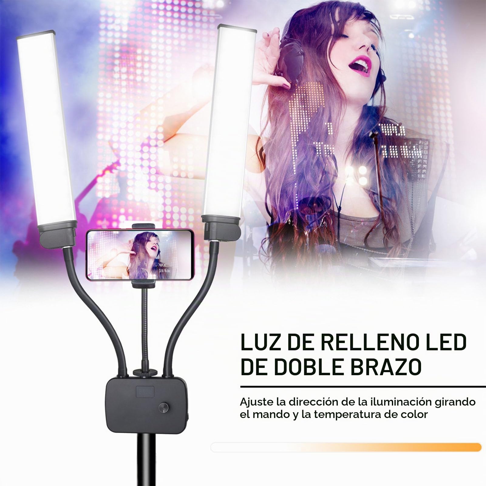 POENVFPO Luz de Vídeo LED de Brazos Dobles, Temperatura de Color Ajustable 45W 3000K a 6500K Luz de Relleno LED de Brazos Dobles Flexible USB con Soporte para Teléfono