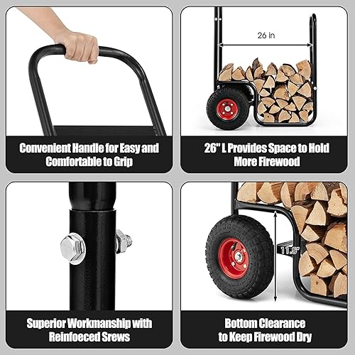 Miniatura 5 de Giantex Carrito de leña para leña, estante de madera para almacenamiento, carrito de almacenamiento de fuego rodante, carrito de almacenamiento