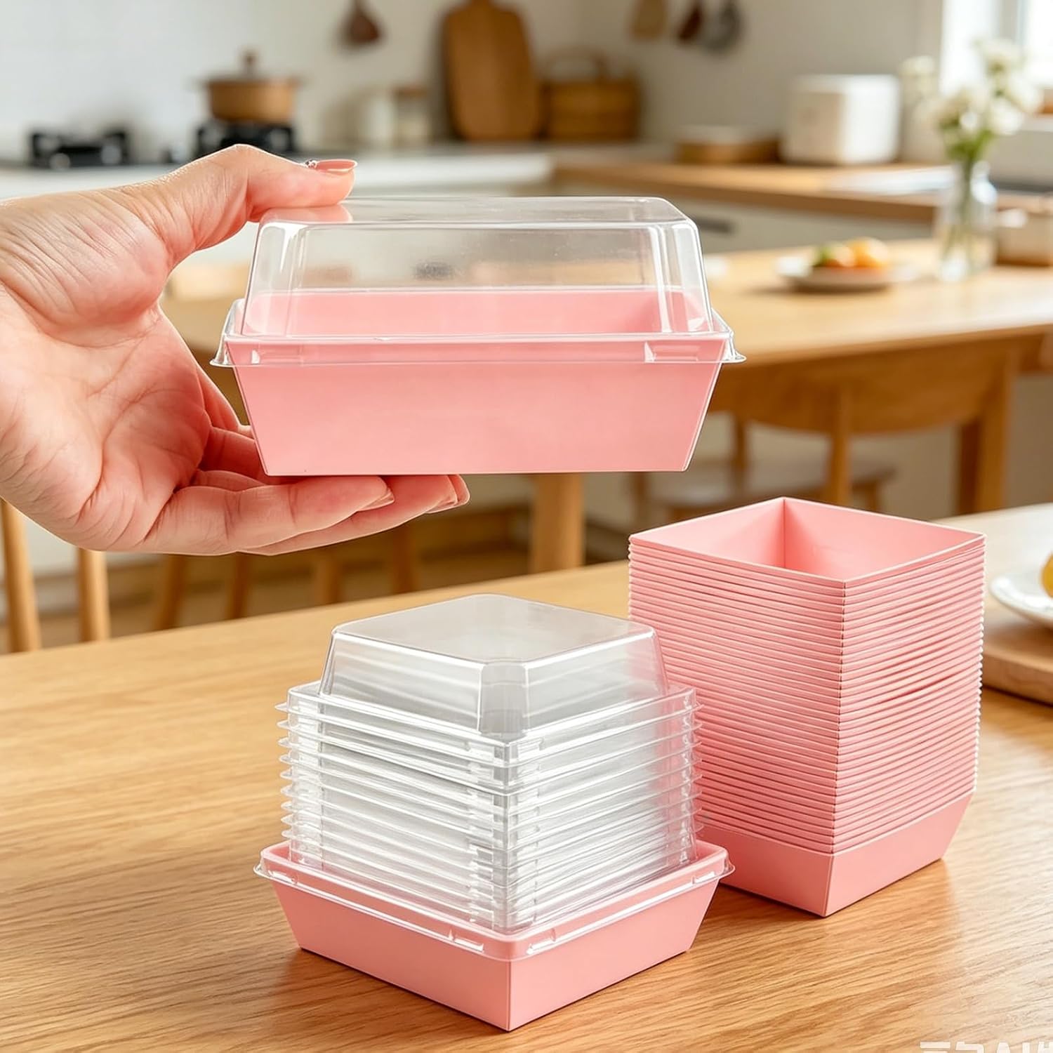 50 Pack 5 inch Small Charcuterie Boxes With Clear Lids | To Go Food Containers (Pink) for Cookie,Cake Slice,Pastry,Mini Cake,Bakery,Dessert,Chocolate and Strawberry.