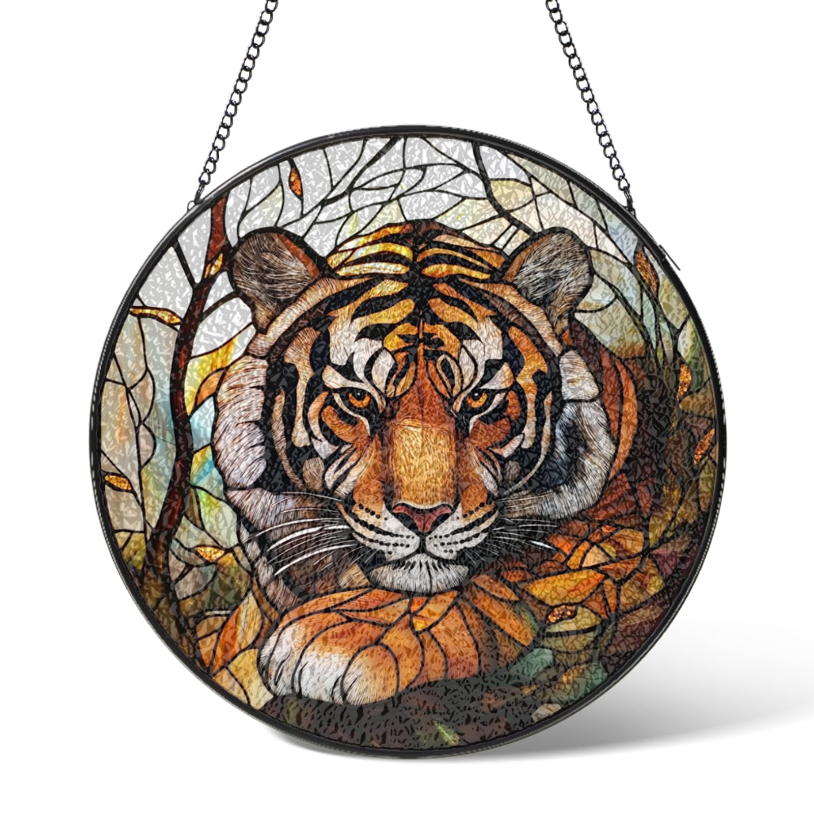 Tiger Stained Glass Window Hanging Art,Forest Suncatcher Garden Decor Birthday Gifts,Sun Catchers Home Decoration for Bedroom Kitchen Patio Windows,Father's Day for Men Dad Boy 9.8 IN