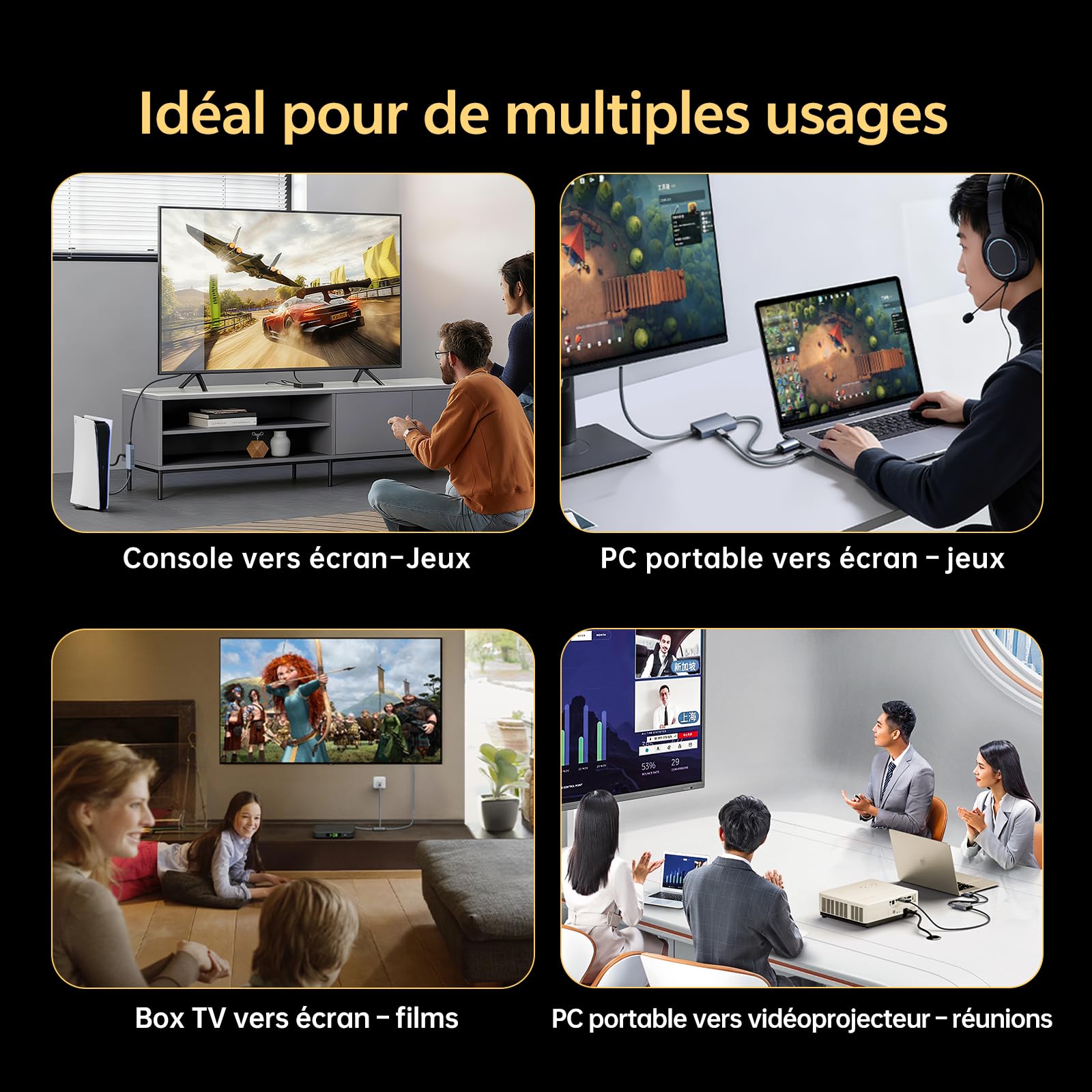 Câble Actif HDMI vers DisplayPort 1M, 8K@60Hz 4K@120Hz 2K@240Hz, Unidirectionnel de Source HDMI 2.1 à Moniteur DP 1.4, HDR VRR 10 Bits pour PS5 Xbox Switch Dock PC Portable (Câble d’Alim. Inclus)