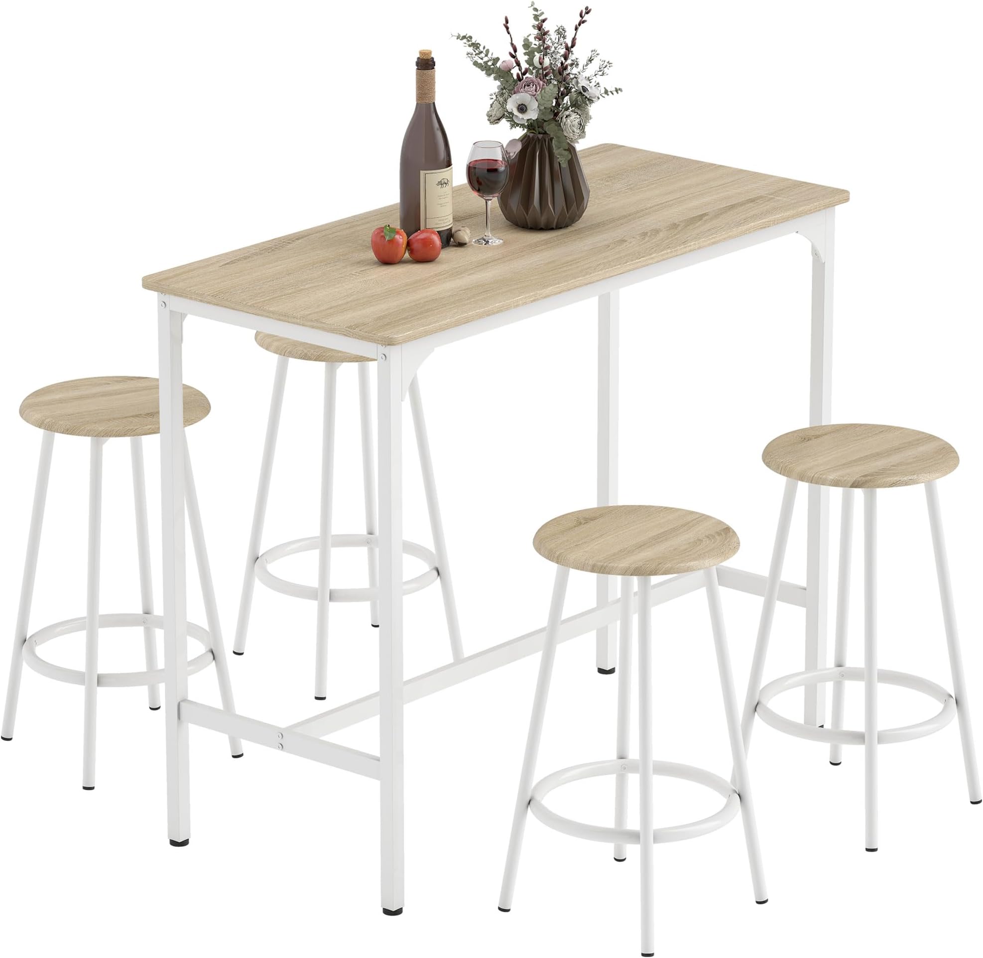 HOMCOM 5 Piece Bar Table Set, Industrial Dining Table Set for 4 with Stools, Metal Frame, Footrest for Kitchen, Living Room, Small Space, Natural Wood