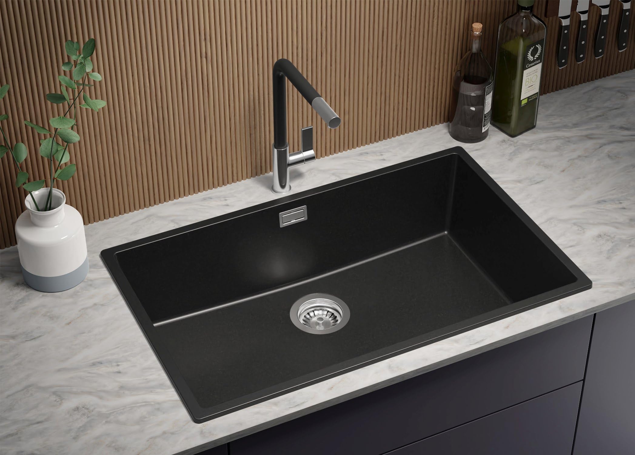 PRIMAGRAN Lavello da Cucina Nero 76x47cm, Lavandino in Granito a 1 vasca + Sifone Classico, Lavabo da Cucina Incasso al Mobile 80cm - London Slim S477