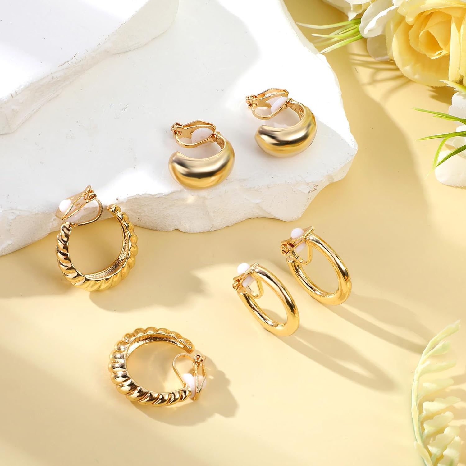 3Pairs Clip On Earrings for Women - 16K Gold Plated Clip Earrings Chunky Tube Croissant Waterdrop - Non Pierced Clip On Gold Hoop Earring Fake Jewelry Set