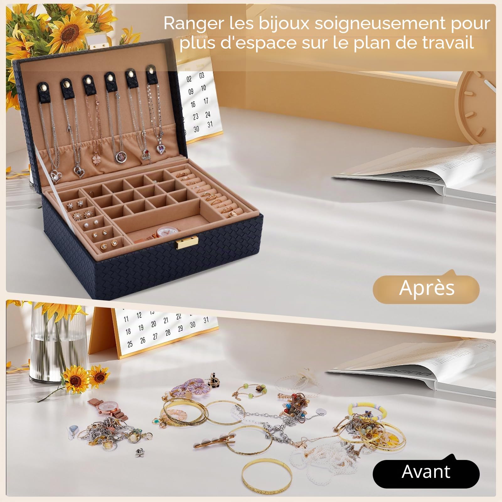 Gifturbo Boîte à bijoux, boîte à bijoux avec 2 niveaux, boîte à bijoux en PU cuir grande boîte à bijoux pour bagues, boucles d'oreilles, bracelets, colliers, noir