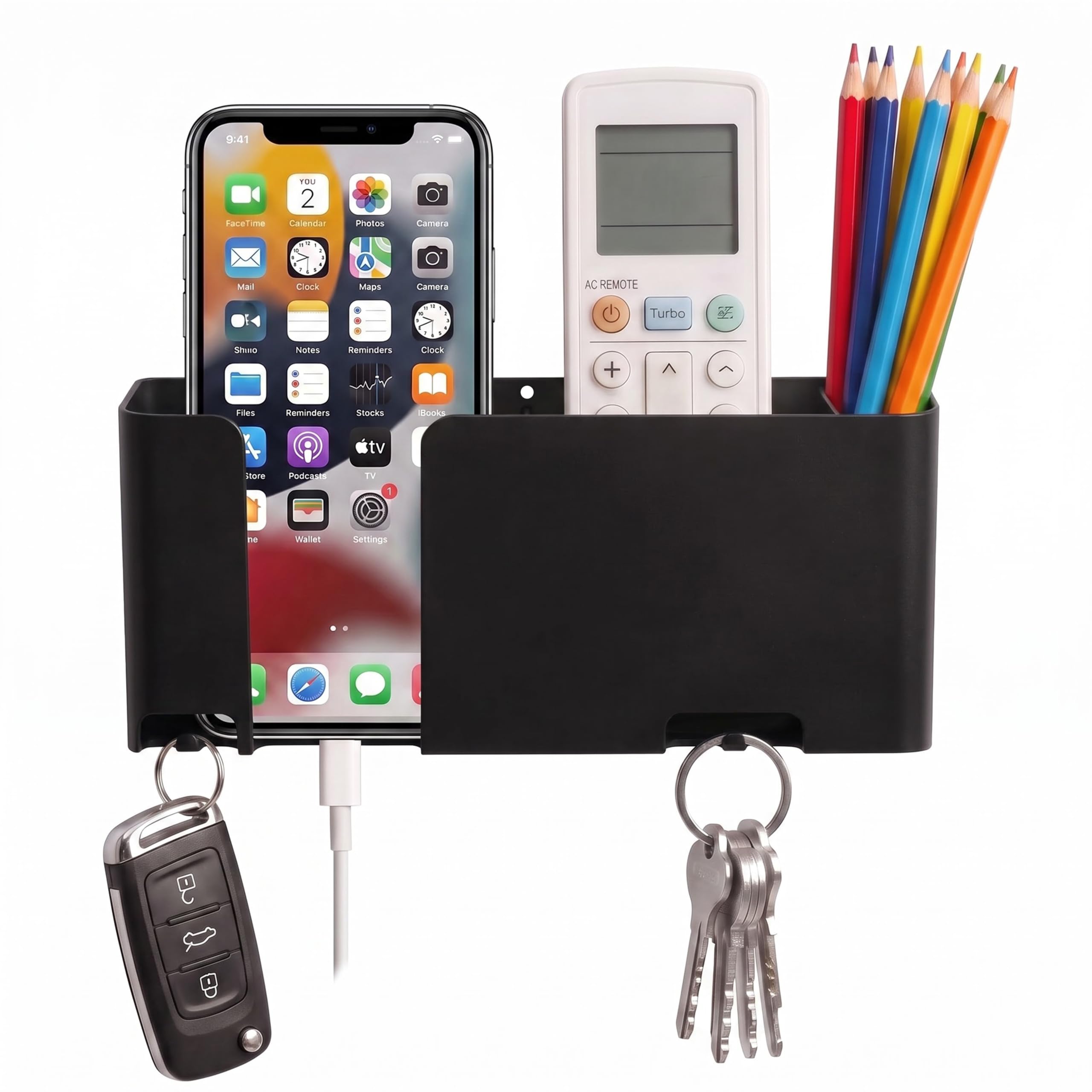 Mobile & Remote Wall Holder | ABS Wall Mount Stand with 3 Compartments for Phone, Remotes & Pens | 2 Key Hooks | No-Drill Mount with Strong Double-Sided Sticker (Black)-image-47