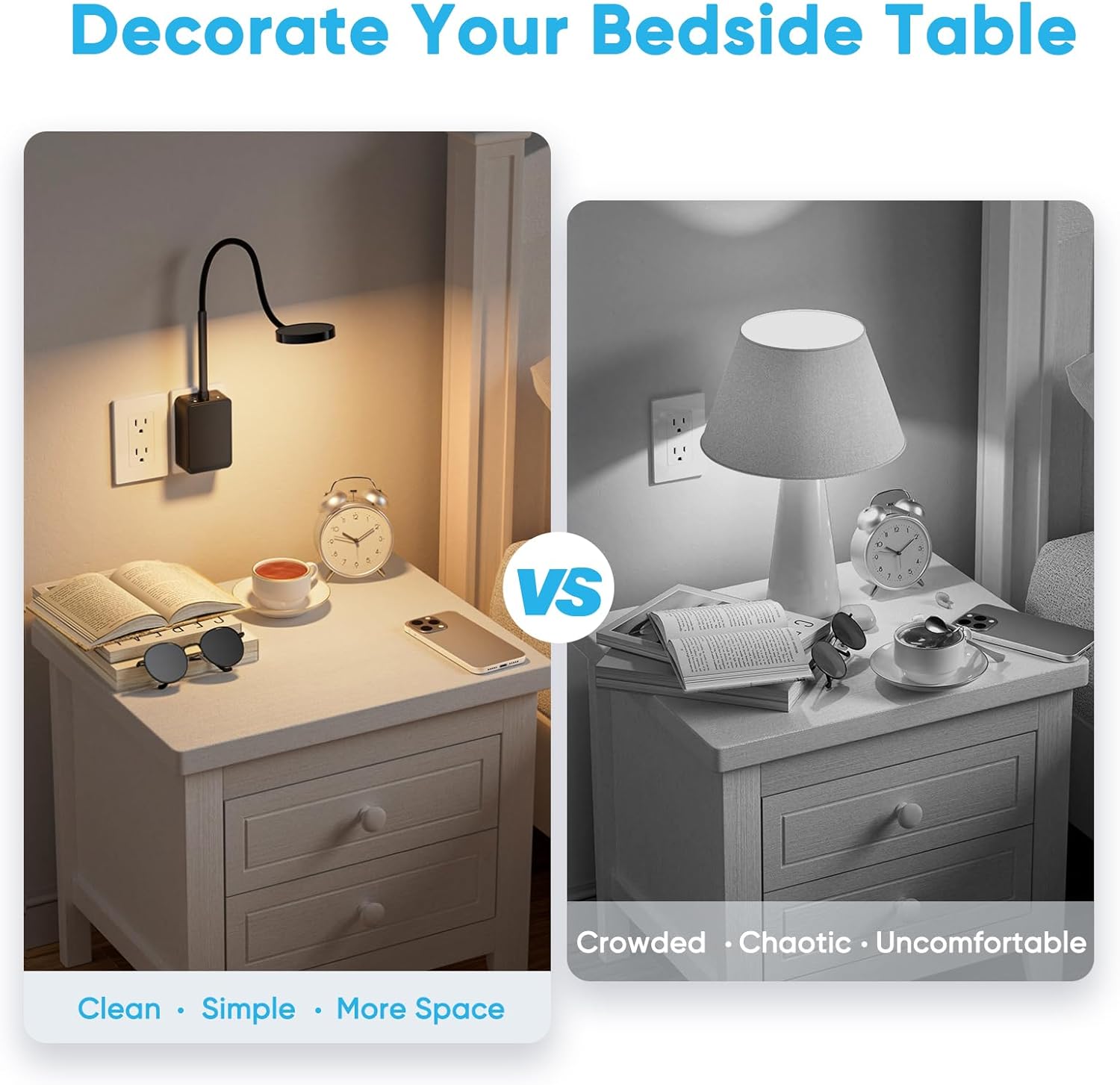 Plug in Dimmable LED Reading Light for Books in Bed, Black Flexible Wall Mounted Lamp for Outlets in Bedroom Kitchen, 3 Lighting Colors, Dual Touch Switch, 110° Wide Light Angle