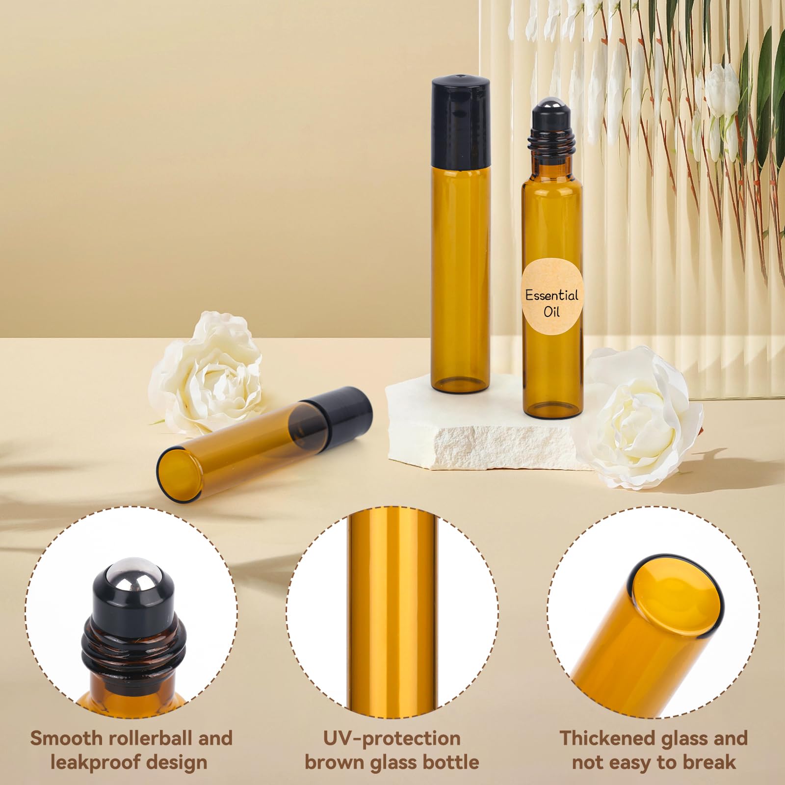 20 flaconi di vetro arrotolabili per oli essenziali da 10 ml, marrone, ricaricabile con apri, contagocce e adesivi per oli, profumi