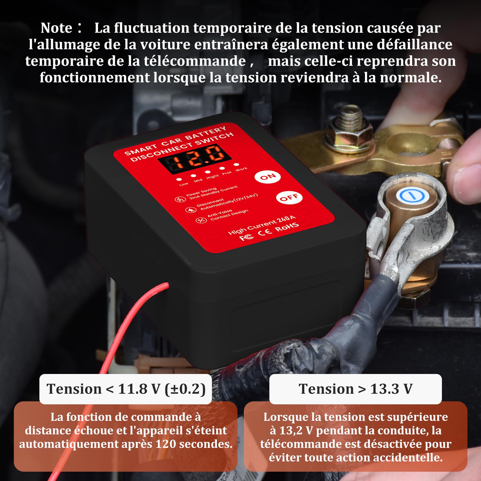 Stacca Batteria 12v, 240A Sezionatore Auto Remoto Senza Fili con Telecomando, 12v Auto Staccabatteria Automatico, Per RV ATV Camion Barca Trattore (Red)