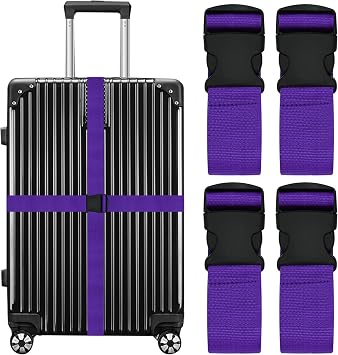 Luggage Straps for Suitcases Travel Belt Suitcase Strap, Heavy Duty with Quick-Release Buckle Suitcase Safe Belt with Name Card, Bright Color Adjustable Luggage Belts, TSA Approved, 4 Pack, Purple