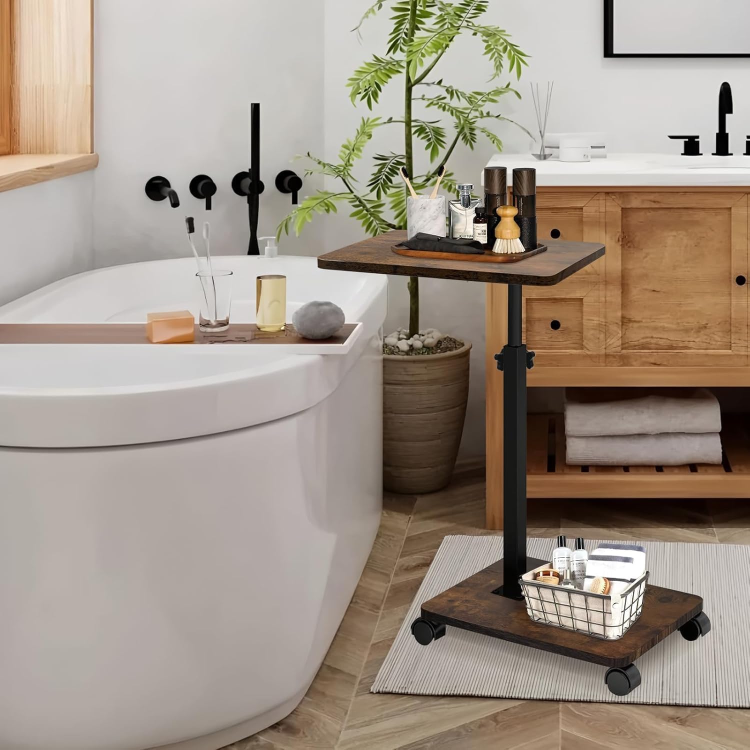 Mesa Auxiliar en Forma de C, Altura Ajustable, Mesa de Sofá con Ruedas, Mesa Pequeña, Side Table, Mesa de Café, Mesa de Cama, Mesa de Noche, Mesa de Cuidados para Salón, Dormitorio, Baño