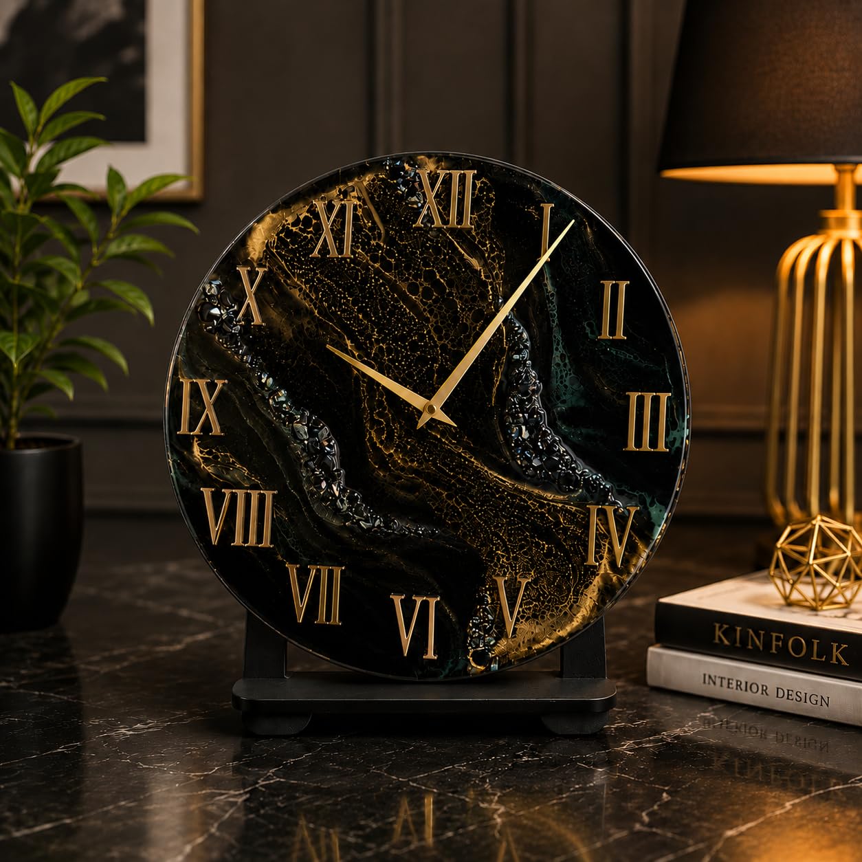 Luxury Resin Art Sublimation Table Clock 8 Inch Premium Black & Gold Marble Effect Design with Roman Numerals Silent Quartz Movement Decorative Wall Clock for Living Room, Bedroom & Office-image-5