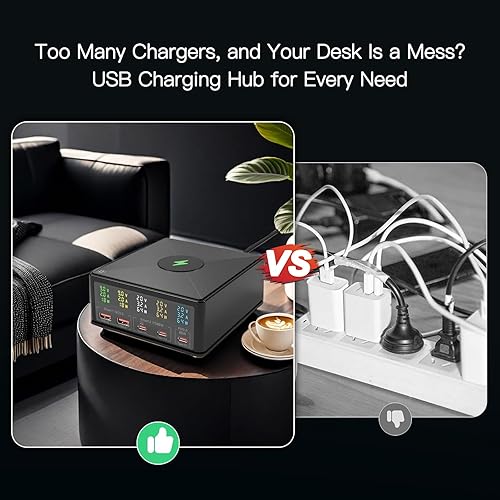 Miniatura 2 de Estación de carga USB Multi Puerto Escritorio 160W Power Fast Charging Hub Wall Block PD 3.0 - 5 puertos con almohadilla inalámbrica y pantalla