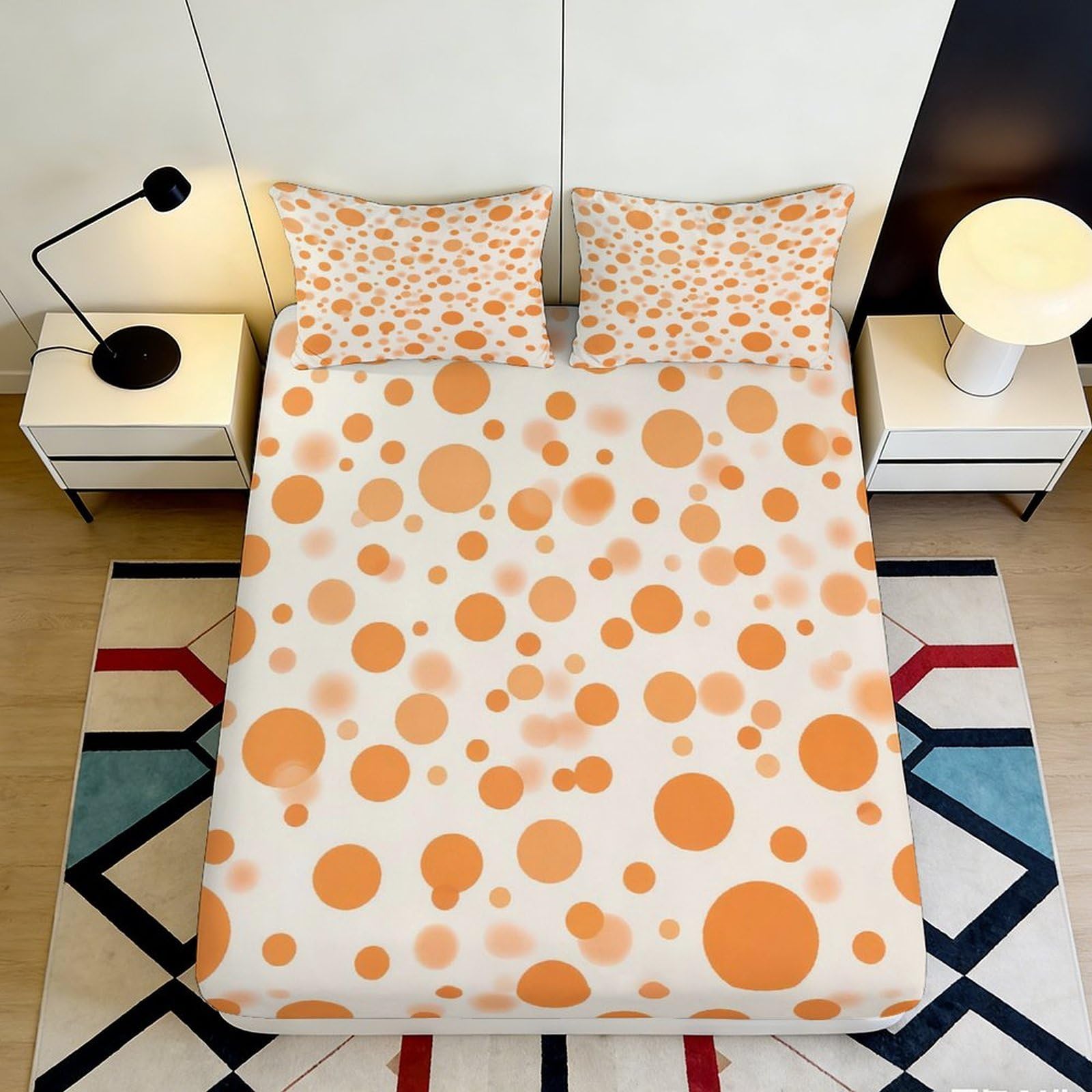 3D Printed Orange Polka Dot Fitted Sheet Microfiber Soft Breathable Abstract Circle Mattress Cover for Bedroom Guestroom 90x200x25cm