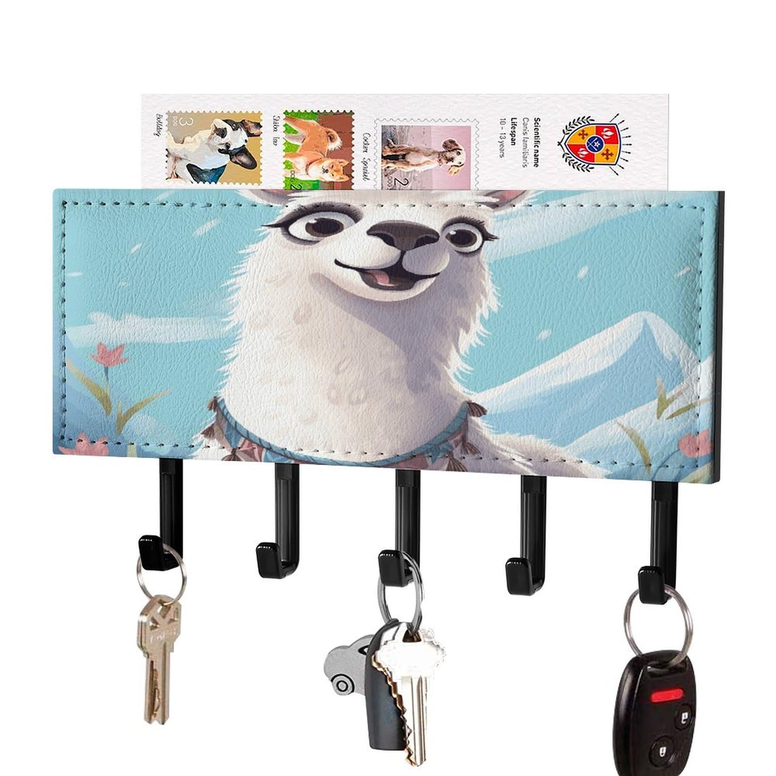 Vstadank Black-Style Llama Key Holder Wall Mount Pu Key Rack Decorative Key And Mail Holder Wall Key Organizer With 5 Key Hooks Key Hanger For Entryway Kitchen Living Room Office Doorway Decor Black