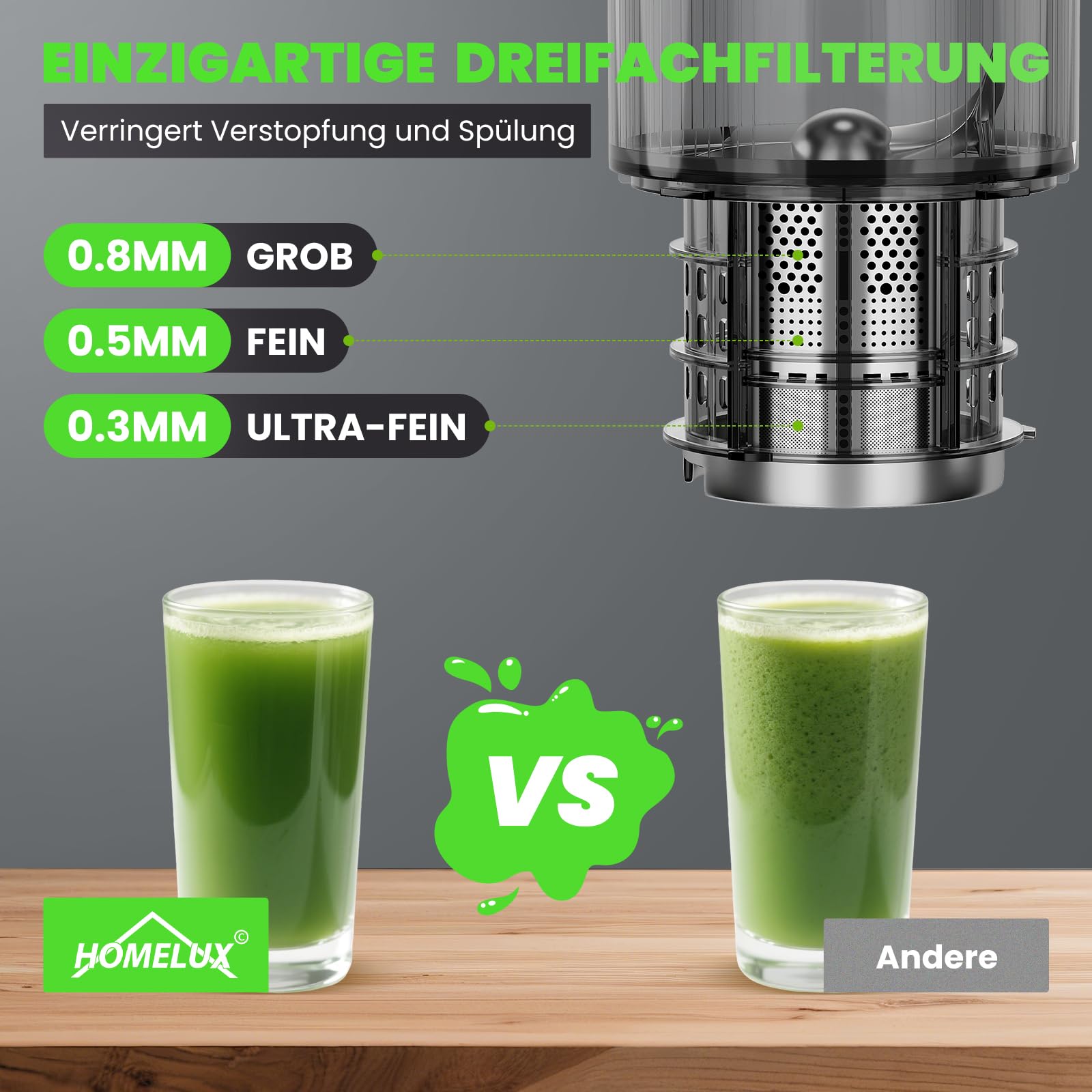 HOMELUX Sokowirówka 220 W Slow Juicer, 126 mm, otwór wlotowy do całych warzyw i owoców, elektryczna wyciskarka z 2 filiżankami, szczotka do czyszczenia, nie zawiera BPA, łatwa do czyszczenia, srebrna