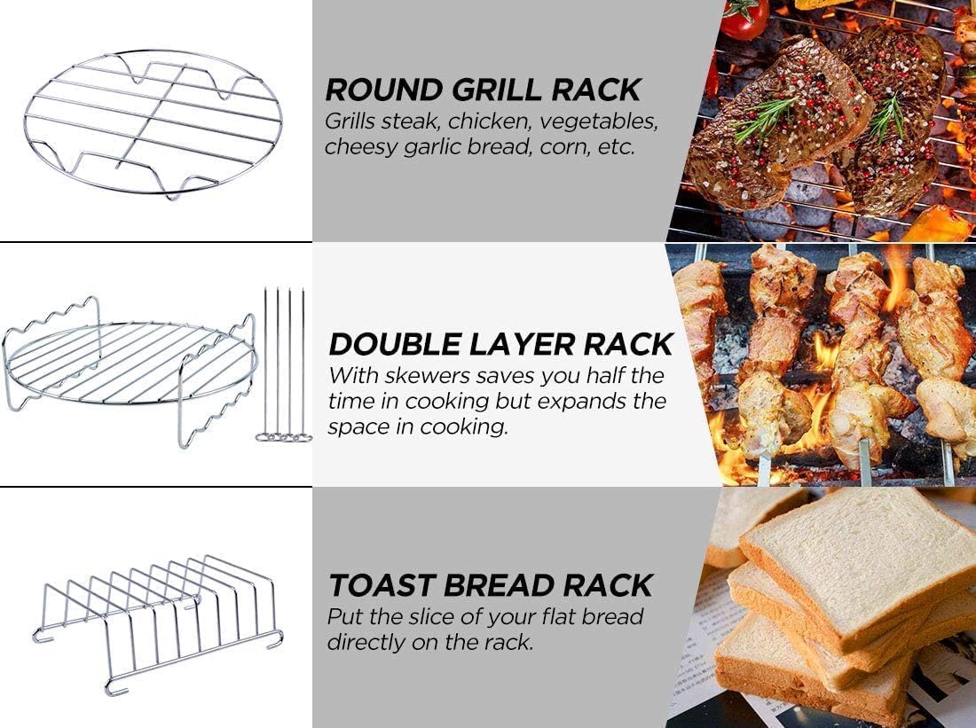 Air Fryer Accessories Set Fit for Gowise Gourmia Cozyna Ninja,Fit All 3.5qt-4.5qt Air Fryer,Kits with Skewers Silicone Mat,Pizza Pan,Cake Barrel,Non-Stick,Dishwasher Safe,Universal,7 Inch 10pcs,Black - Image 5