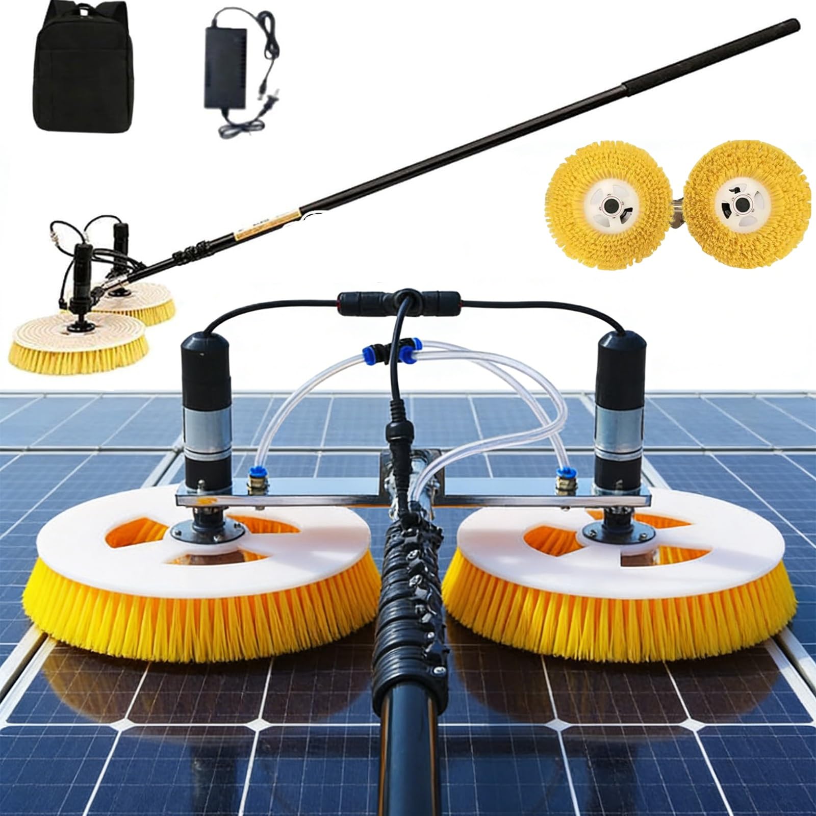 Cepillo de Limpieza Solar de Doble Cabezal, Alcance de Limpieza de 65 cm, con pértiga telescópica y Longitud Ajustable, Apto para centrales eléctricas, Plantas solare(Mains Electricity,7.5M)