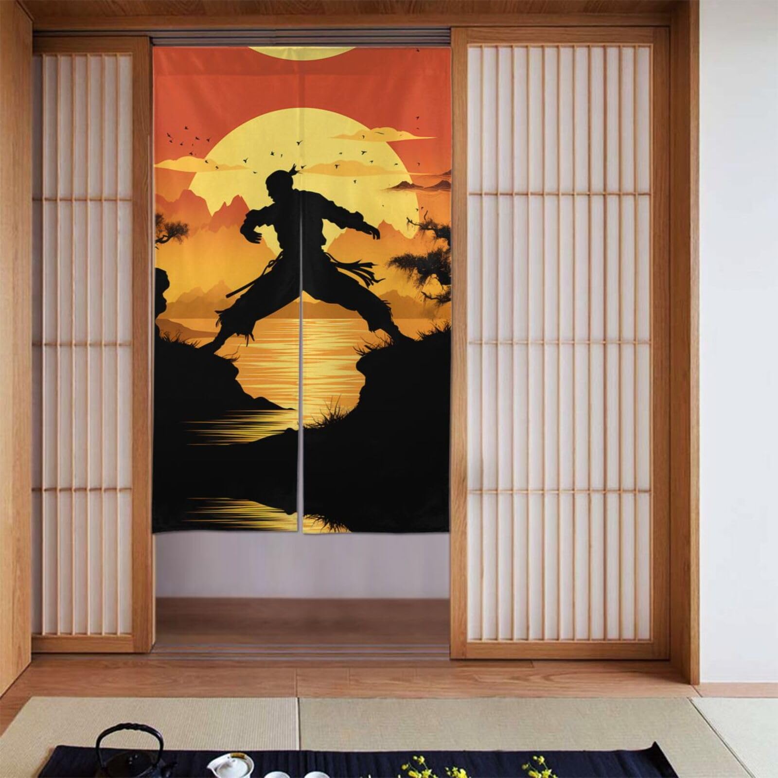 Whjshop Black Silhouettes Of Martial Arts Picture Door Curtain Partition Splicing Privacy Protection Suitable For Kitchen, Bathroom, Room 34X56in