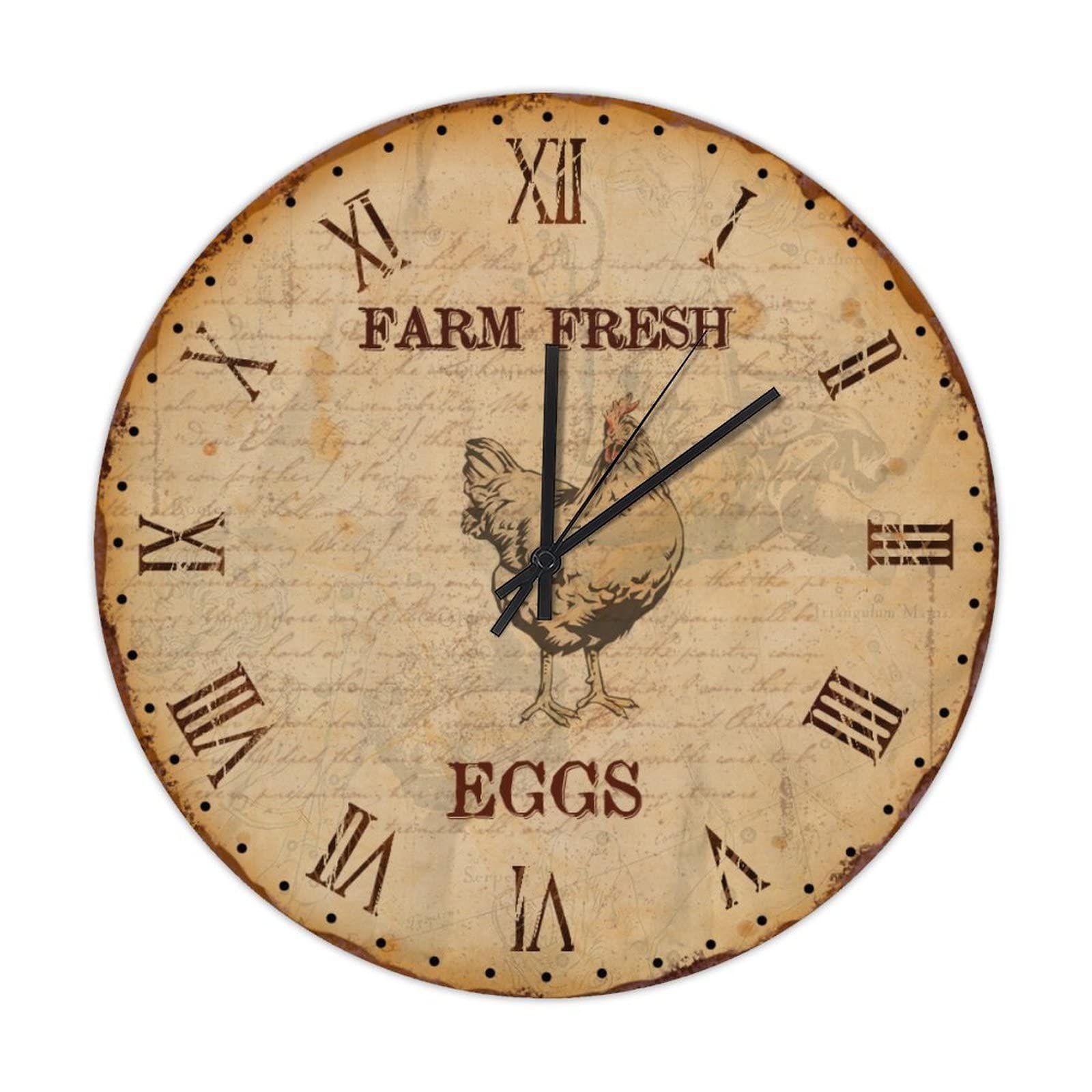 Horloge murale ronde en bois avec coq decoration de ferme sans tic-tac cuisine chambre