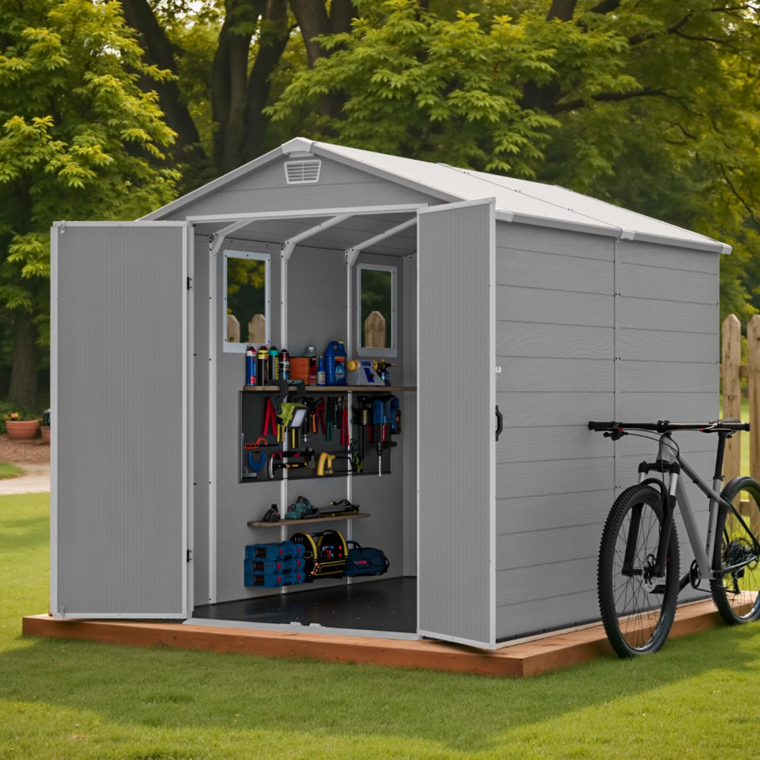 Devoko 6x8 Ft Outdoor Storage Shed - Lockable Resin Tool Shed with Window &amp; Floor - Easy Assembly for Garden, Backyard