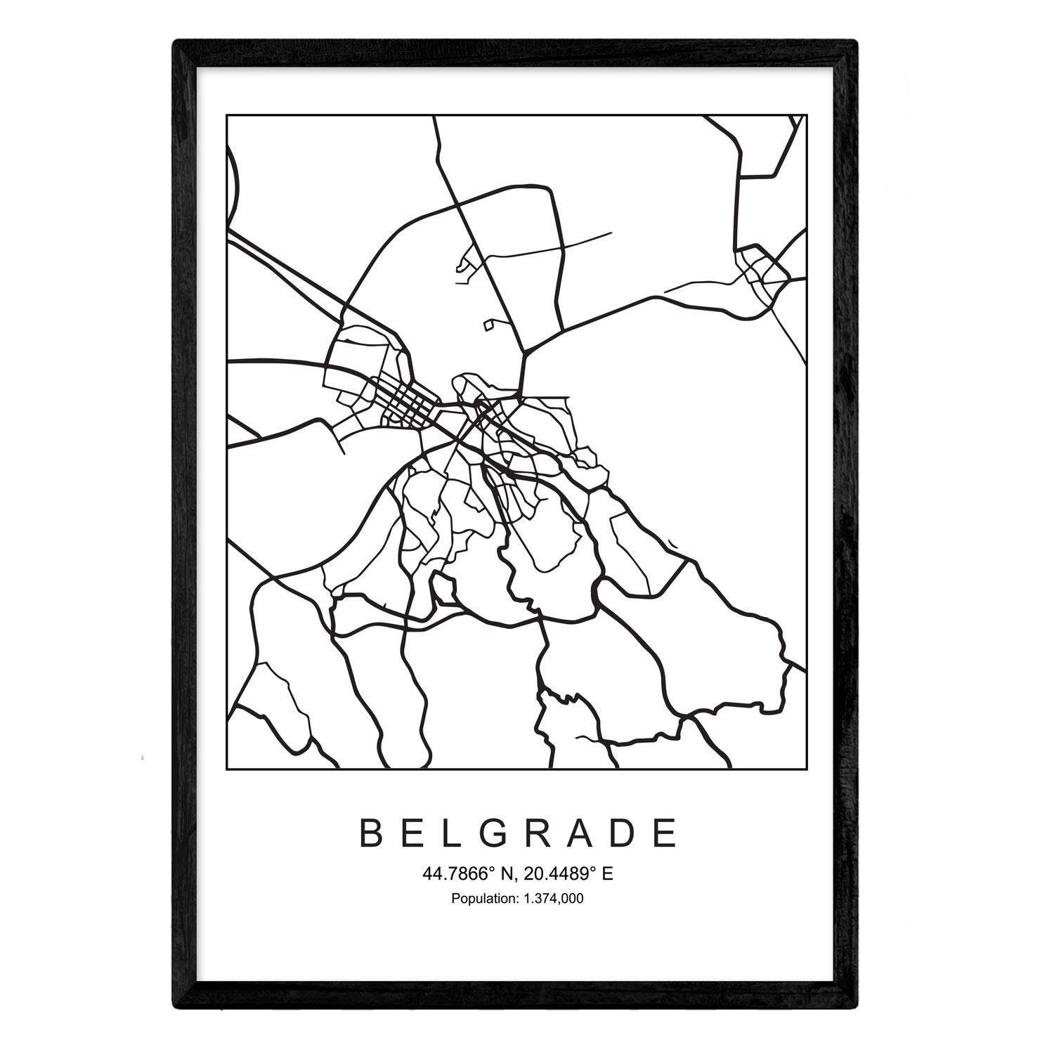 Nacnic Print Map of the city of Belgrade Nordic style black and white. A3 size poster printed paper No 250 gr. Paintings, prints and posters for the living room and bedroom