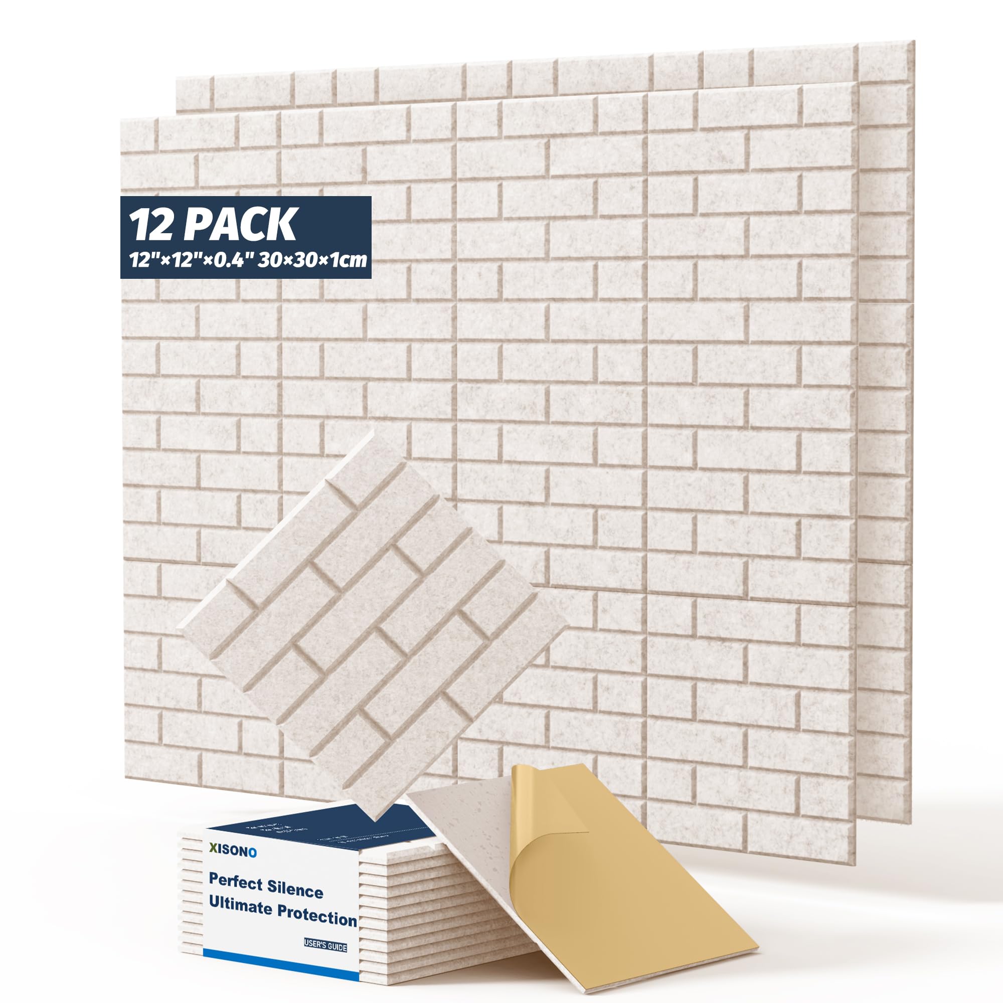 Pack of 12 acoustic carrés haute densité de 12"×12"×0.4", en forme de brique, adaptés pour le salon et toutes les surfaces murales. (Blanc) (Camel clair)