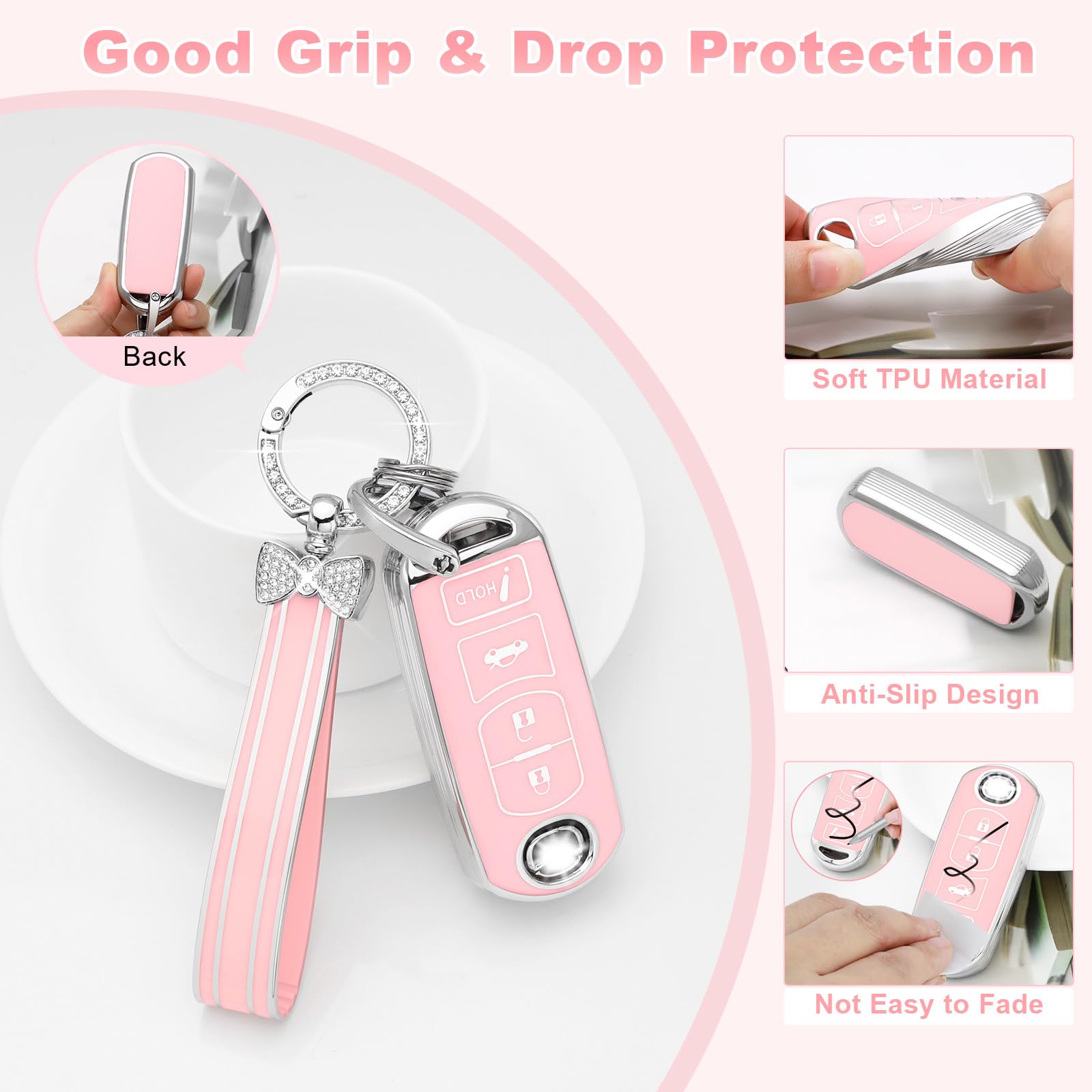PIFOOG Key Fob Cover for Mazda 3 6 CX5 MX-5 Miata CX9 CX3 Accessories Pink 4 Button Car — view 6