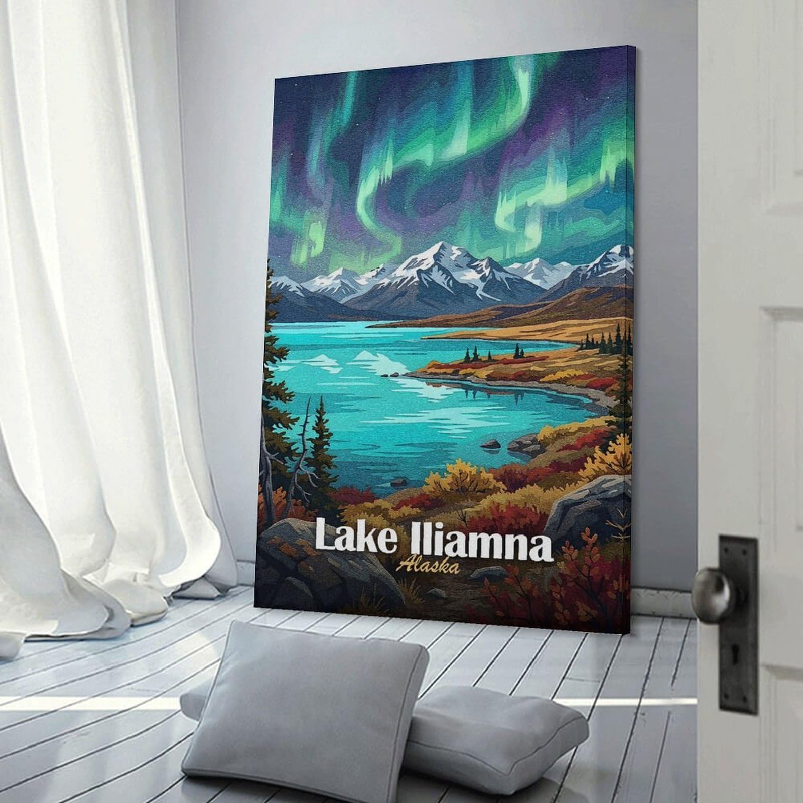 Junmoney Frame-Style-12-1 Lake Iliamna Alaska Aurora Landscape Art Home Decor Wall Art, 24X36inch(60X90cm), For Flats, Guest Rooms Or Compact Rooms, Stylish Wall Art For Fresh Spaces