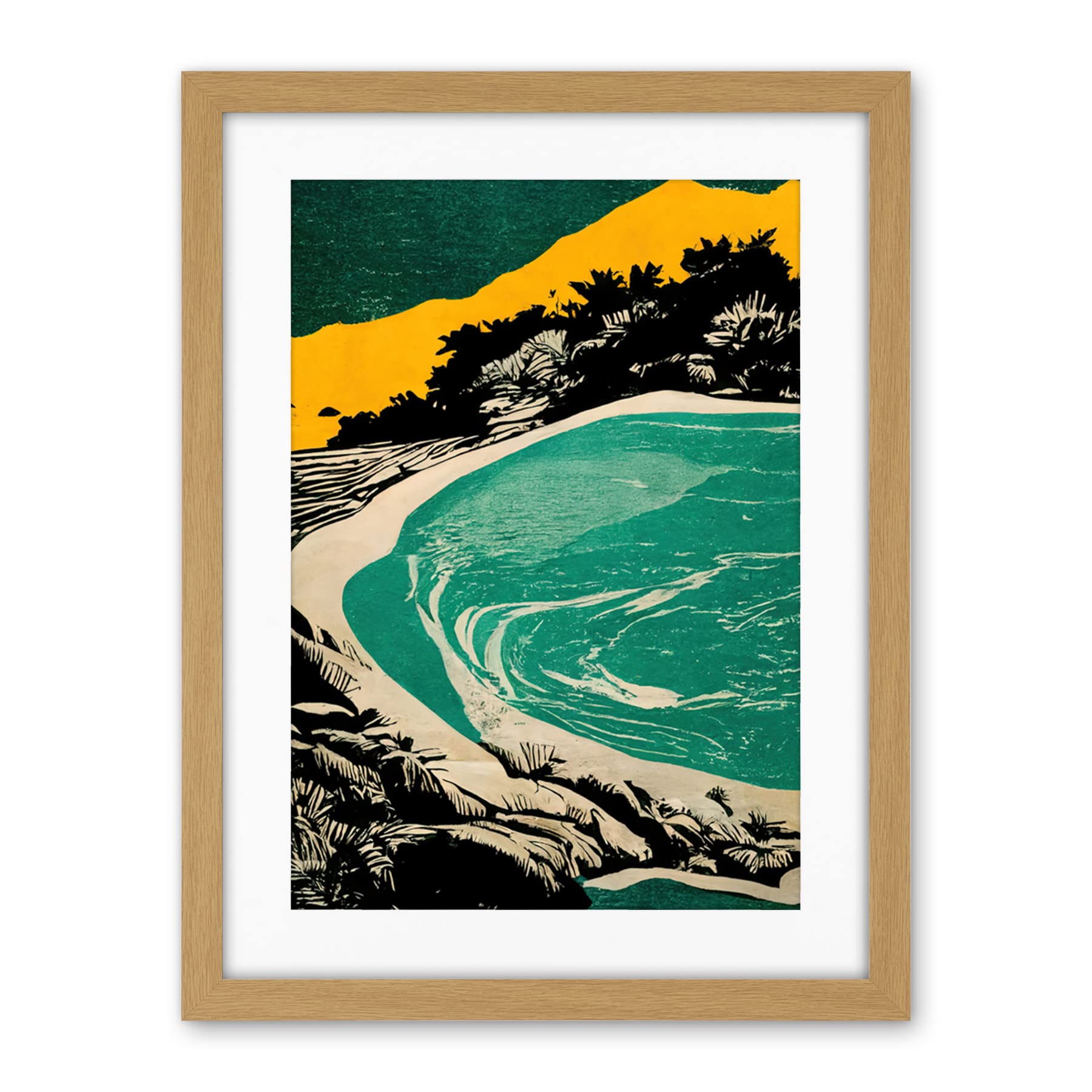 Wee Blue Coo Beach Lagoon Abstract Marbled Seascape Mustard Teal Artwork Framed Wall Art Print 18X24 Inch