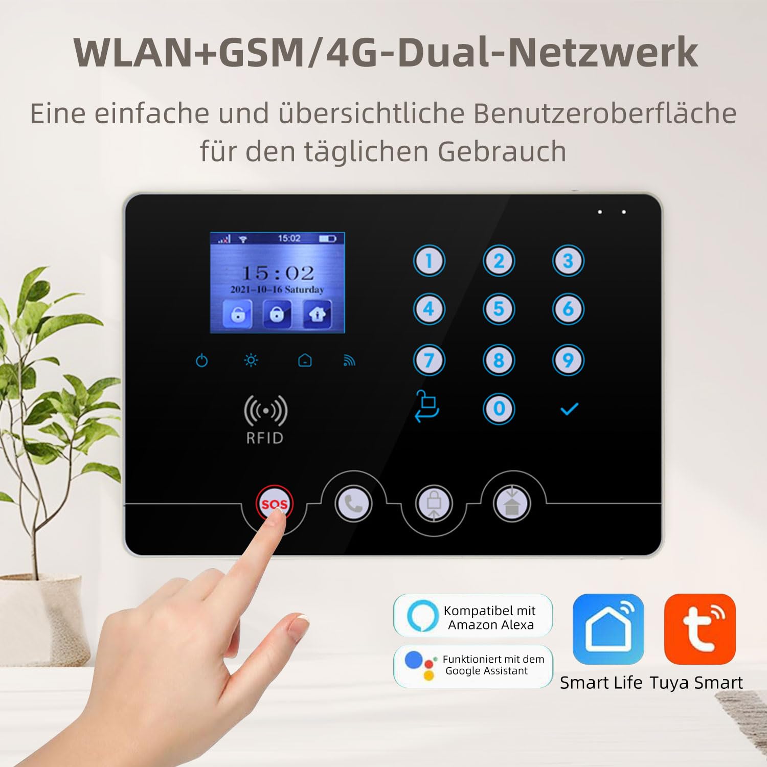 Wolf Guard W4Q-W03 WiFi + 4G Wireless Home Einbrecher Alarmanlage Kit Tuya Smartlife APP, mit Sirene Fenster Türsensor Bewegungsmelder RFID, Deutsch (schwarz W4Q)