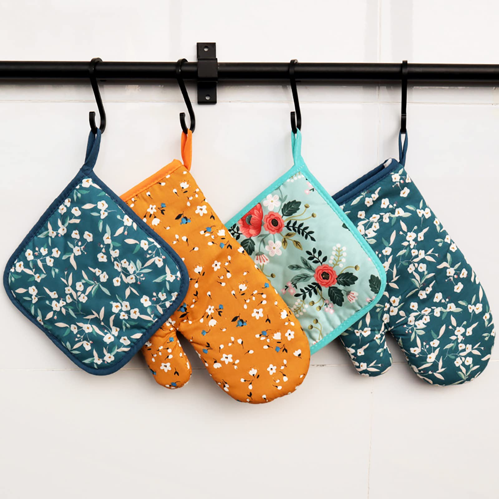 Juego de 4 guantes de horno y soporte para ollas, guantes de horno de algodón suave para cocina, barbacoa, hornear y asar a la parrilla, guantes resistentes al calor, almohadillas calientes, azul,