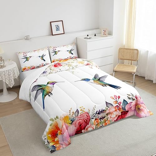 Miniatura 4 de jejeloiu Juego de edredón de colibrí, tamaño Queen, diseño de pájaros tropicales, flores de colibrí, juego de ropa de cama de jardín de granja,