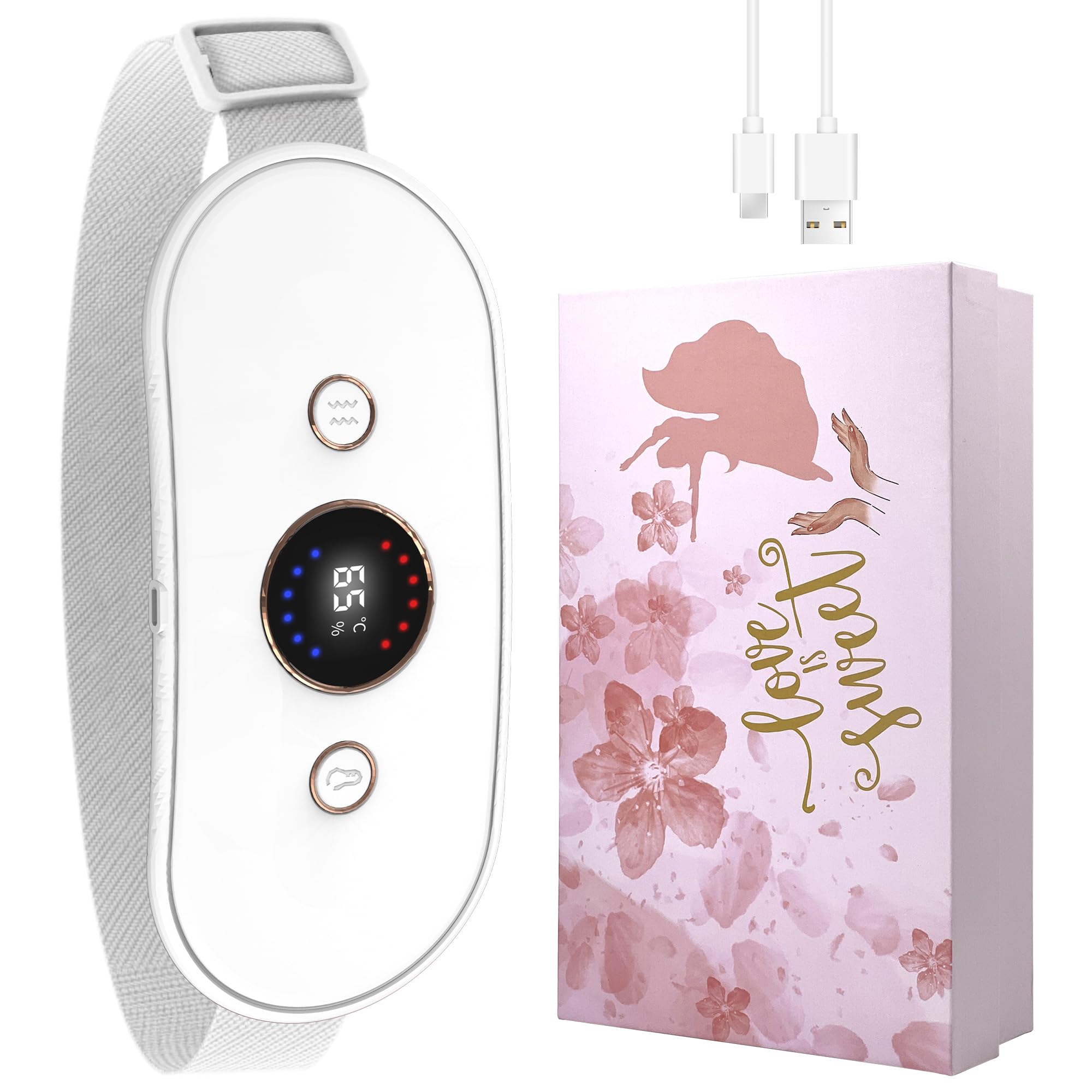 Auskang Perioden Ceinture chauffante avec 6 niveaux de chaleur et 6 modes de massage, coussin chauffant sans fil, ceinture chauffante pour le dos, aide menstruelle - Cadeau pour femmes et filles
