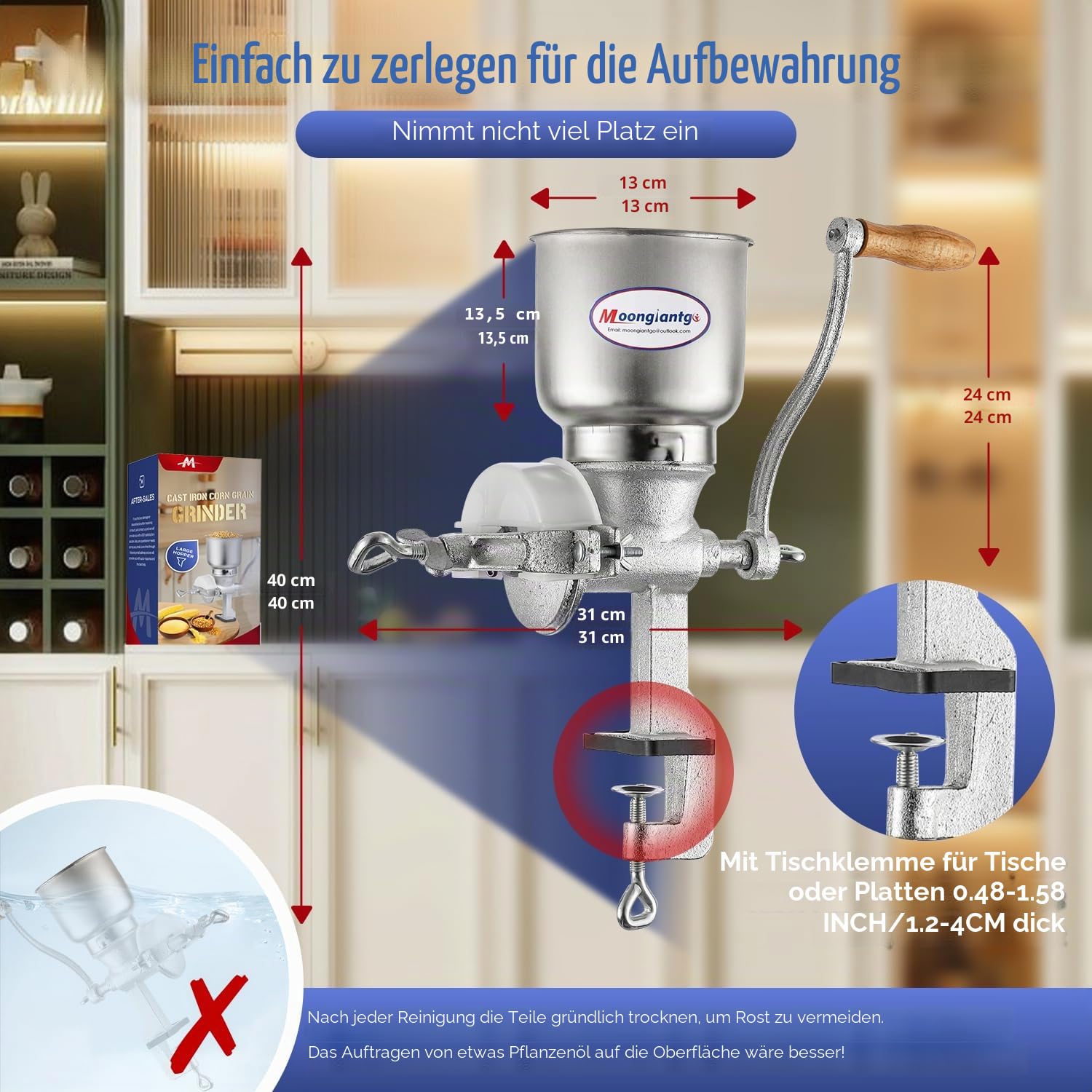 Moongiantgo Getreidemühle Manuelle mit 13cm Zoll großer Trichter & 4cm Tischklemme, Fräsgrobheit Einstellbar Handschleifer aus Gusseisen für Nuss, Kaffee, Getreide, Samen, Mais, Gewürze