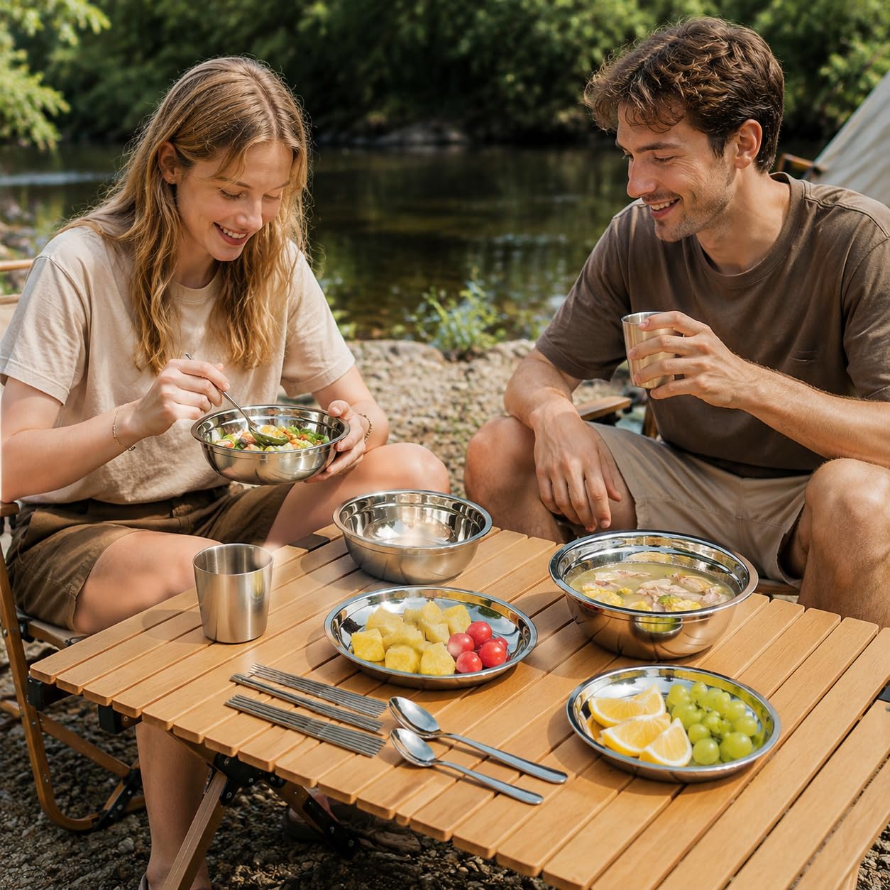 Camping Geschirr Set aus Elstahl, tragbares Outdoor Besteck Set für und Picknick, 11-teiliges Set aus Edelstahl