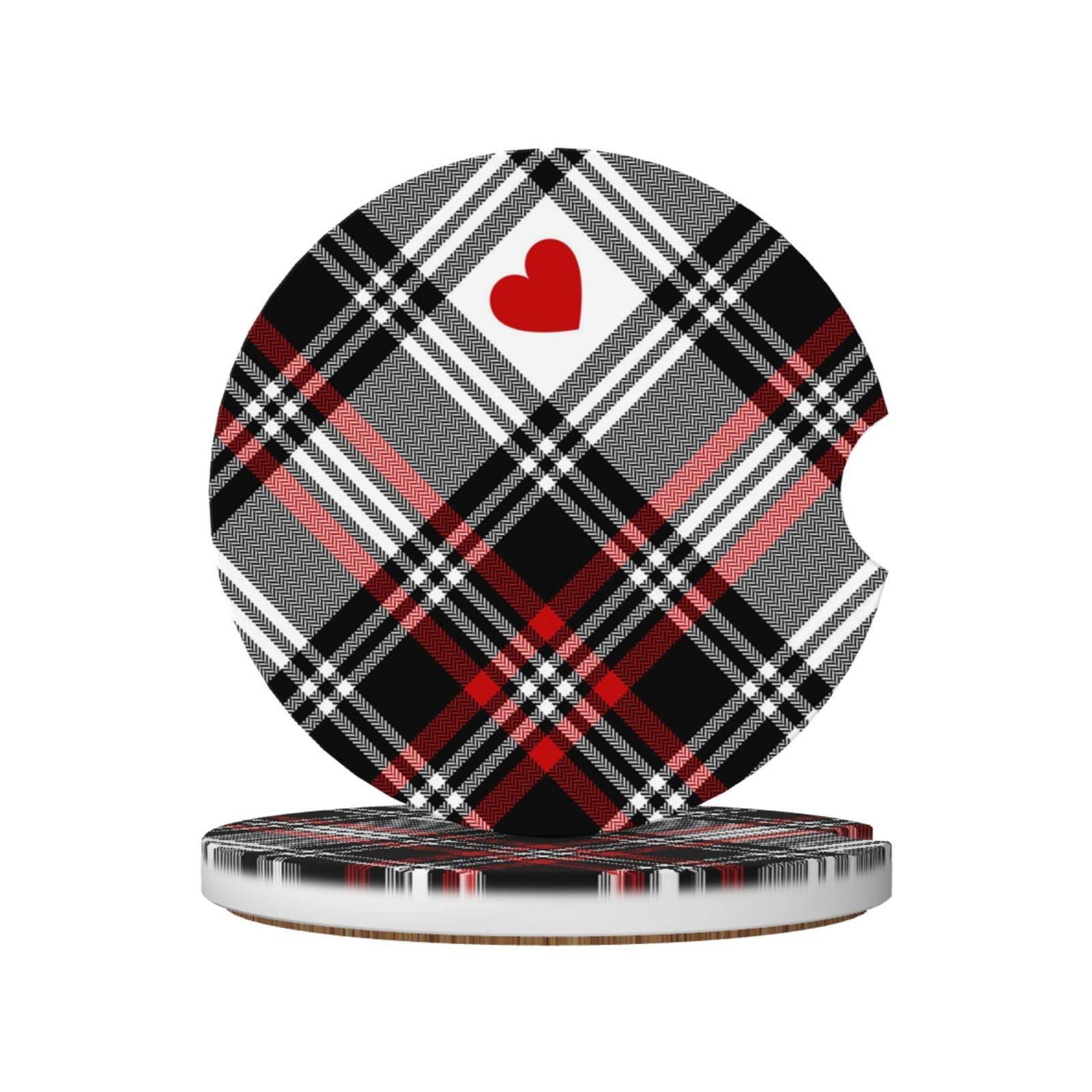 Valentines Plaid Hearts, Car Cup Holder Coasters 2 Pack, Absorbent Ceramic Car Coasters with Non Slip Cork Base