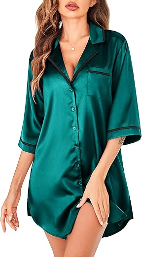 Ekouaer Women's Nightgown Satin Sleep Shirt Button Down Nightshirt 3/4 Sleeve Pajama Dress Notch Neck Boyfriend Sleepwear
