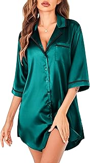 Women's Nightgown Silk Sleep Shirt Satin Button Down Nightshirt 3/4 Sleeve Notch Collar Sleepwear S-XXL - Buy now