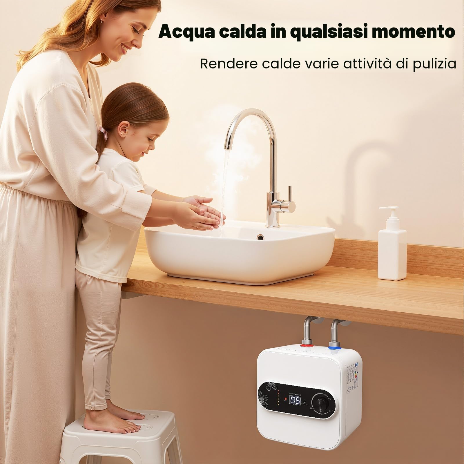 Mini scaldabagno istantaneo da 8 l, 1500 W, 220 V, display digitale a LED, da incasso, montaggio a parete, per cucina, bagno, lavabo, lavabo