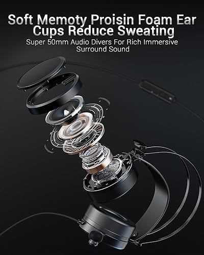 Vista 5 de NUBWO Auriculares para juegos PS4 N7 estéreo Xbox One, auriculares con cable de PC con micrófono de cancelación de ruido, auriculares de juego sobre