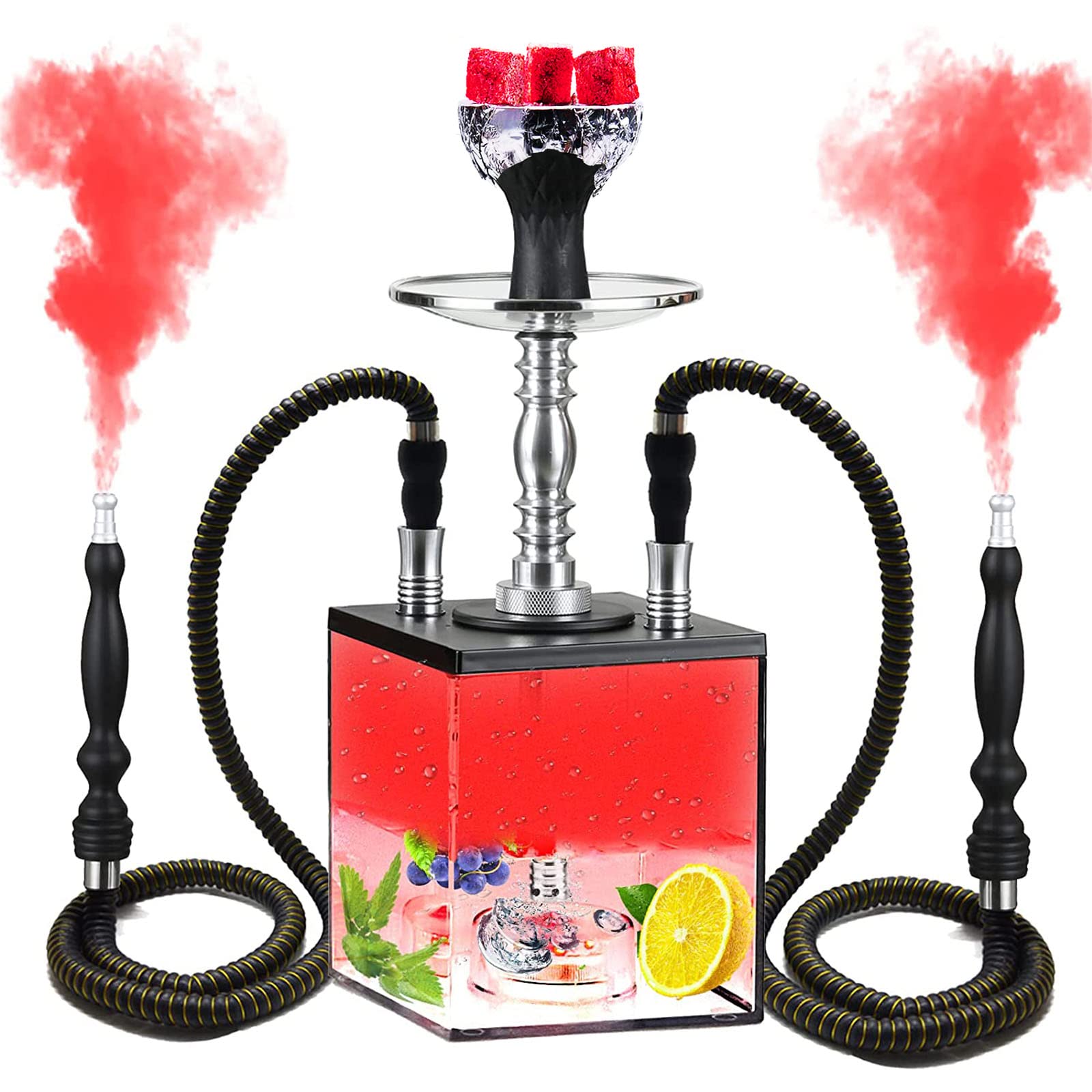 Hookah Set 2 Hose Hookah with Everything �SunWamntin】Modern Cube Hookahs Acrylic ShiSha Hookah with Hookah Accessories LED Hooka with Hookah Bowl Coal Holder (Cube-original)